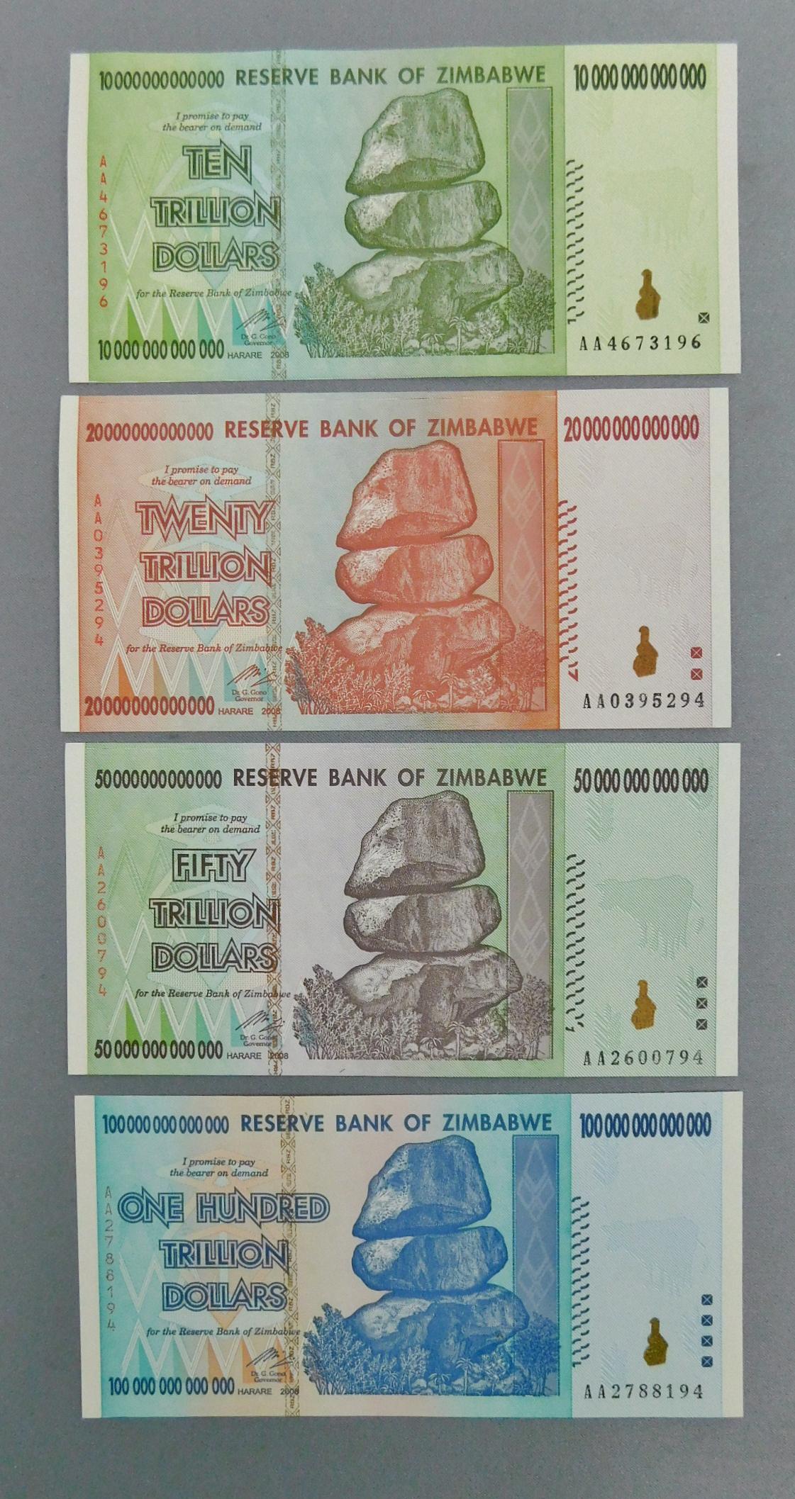 180 TRILLION DOLLARS ZIMBABWE: 2008 4 NOTES, 100-50-20 & 10 TRILLION, RESERVE BANK OF ZIMBABWE