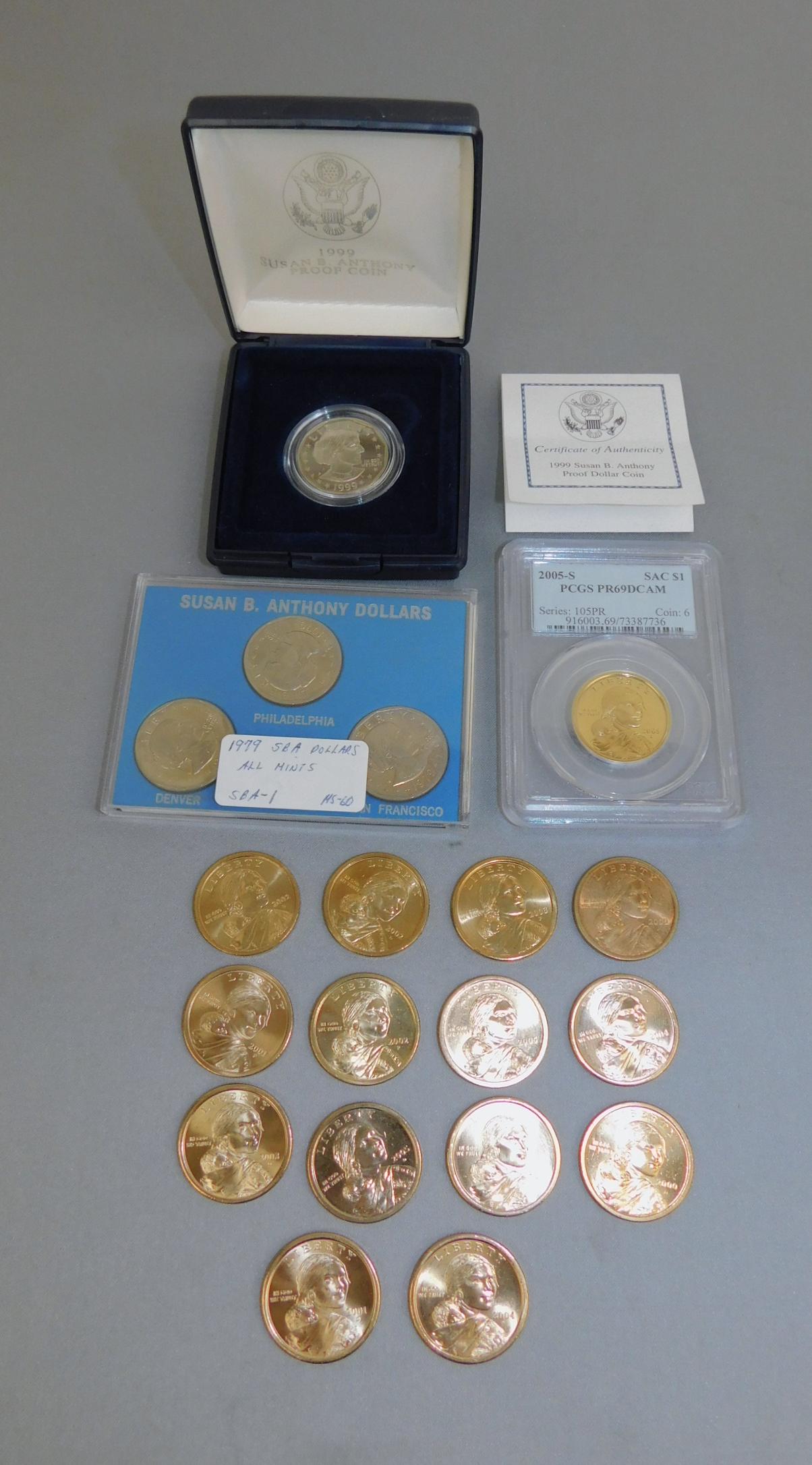 SUSAN B ANTHONY $1'S: 2005-S PCGS PR69DCAM; 1979 SET, ALL MINTS; 1999 PROOF & A ROLL OF 14 COUNT SUSAN B ANTHONY $1'S