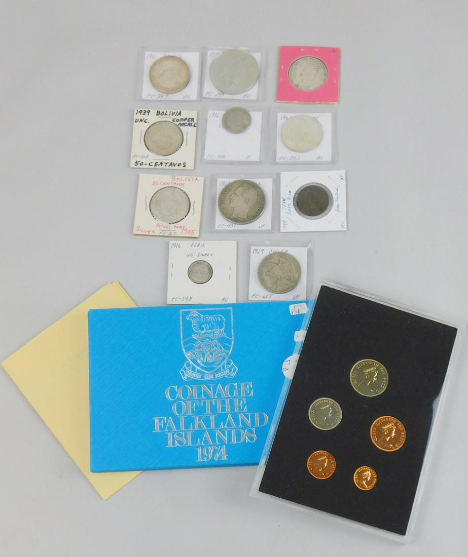 SOUTH AMERICAN AND ISLAND COINS: 1905 BOLIVIA 50 CENTAVOS; 1911 BRAZIL 2000 REIS SILVER; 1916 PERU UN DINERO; 1926 VENEZUELA ONE BOLIVAR; 1927 CHILE DOS PESOS; 1937 HONDURAS UN LEMPIRA; 1939 BOLIVIA COPPER NICKEL 50 CENTAVOS; 1956 CO