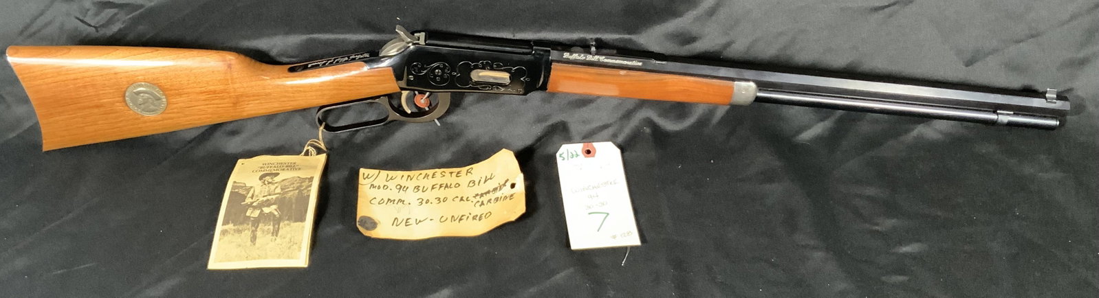WINCHESTER MODEL 94 BUFFALO BILL COMMEMORATIVE 30-30: WINCHESTER MODEL 94 BUFFALO BILL COMMEMORATIVE 30-30. OCTAGON BARREL. PLEASE NOTE THIS FIREARM WILL NEED TO BE REGISTERED. SERIAL NO. WC110241. NO BOX.