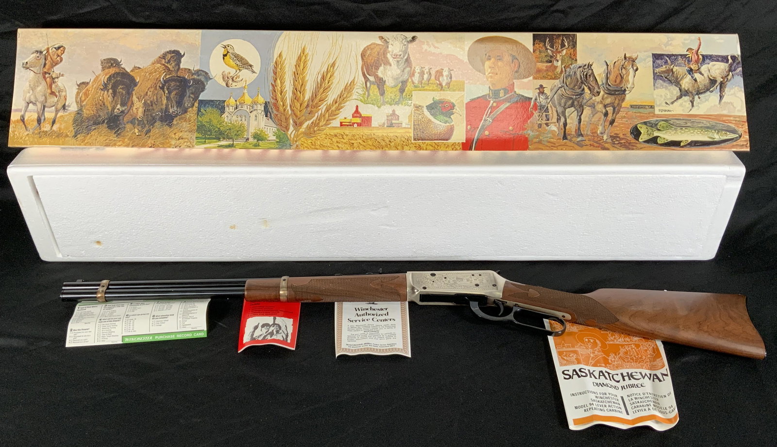 WINCHESTER MODEL 94 SASKATCHEWAN DIAMOND JUBILEE 38-55 WIN LEVER ACTION RIFLE: WINCHESTER MODEL 94 SASKATCHEWAN DIAMOND JUBILEE 38-55 WIN LEVER ACTION RIFLE. SERIAL NUMBER SDJ415. THIS FIREARM NEEDS TO BE REGISTERED.