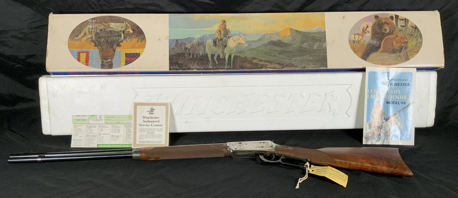 WINCHESTER MODEL 94 LEGENDARY FRONTIERSMAN LEVER ACTION 38-55 WIN COMMEMORATIVE RIFLE: WINCHESTER MODEL 94 LEGENDARY FRONTIERSMAN LEVER ACTION 38-55 WIN COMMEMORATIVE RIFLE WITH ORIGINAL BOX AND PAPERS. SERIAL NUMBER LF02155. THIS FIREARM NEEDS TO BE REGISTERED.