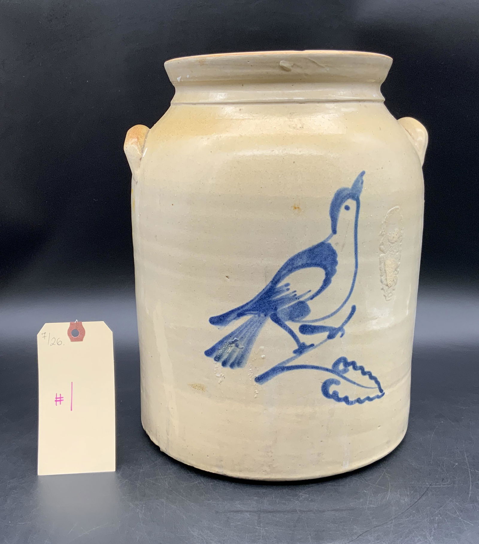 BLUE AND WHITE DECORATED BIRD CROCK. (1 of 3)