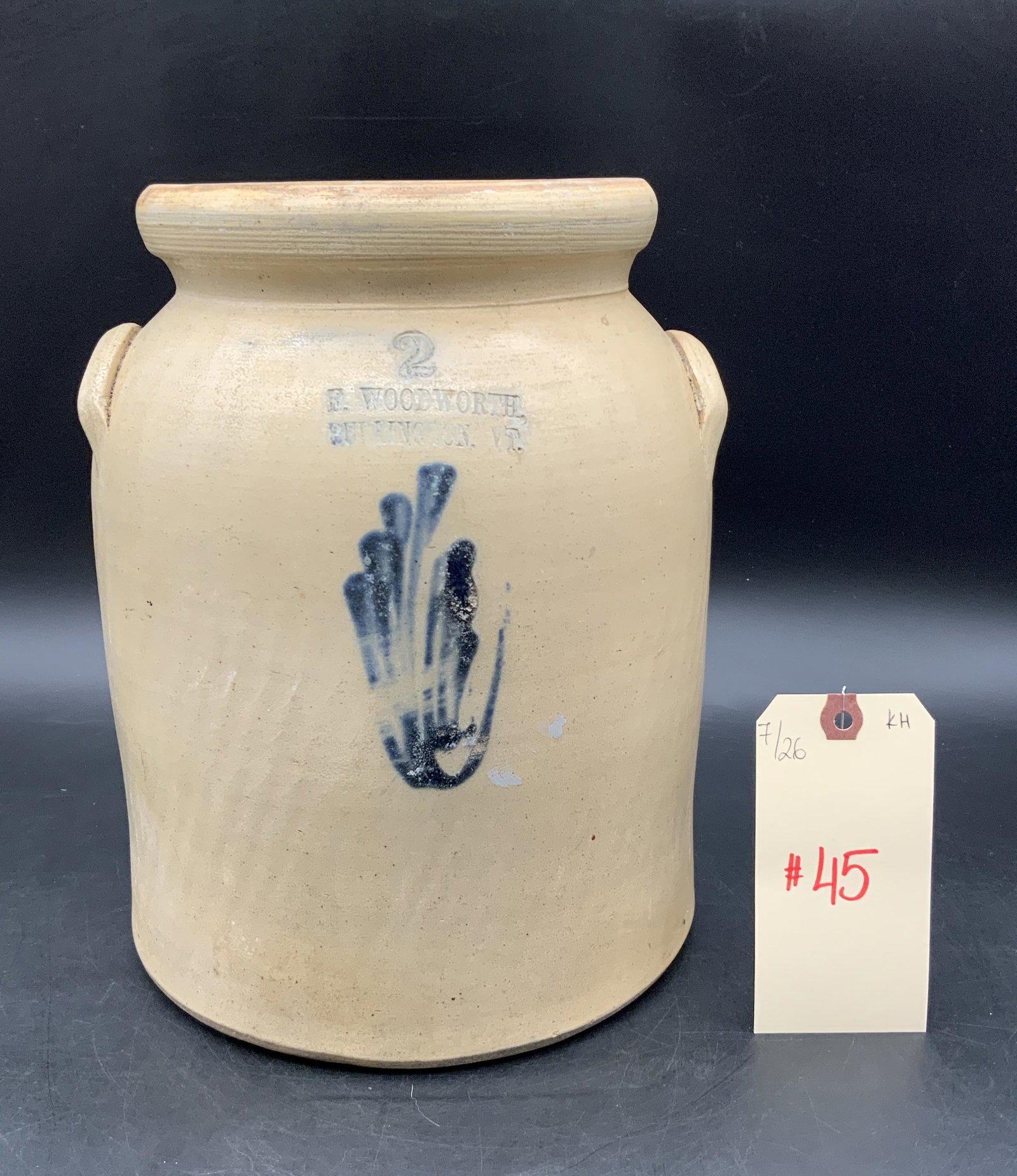 2 GALLON F. WOODWORTH BLUE AND WHITE DECORATED STONEWARE CROCK.: 2 GALLON F. WOODWORTH BLUE AND WHITE DECORATED STONEWARE CROCK. MEASURES 11"H