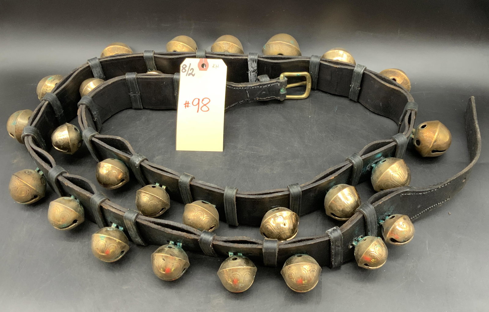 VINTAGE BRASS SLEIGH BELLS ON A 85" LEATHER STRAP (1 of 2)