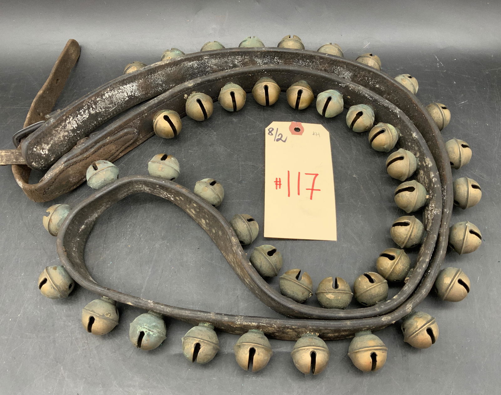 VINTAGE 68"L SLEIGH BELLS ON LEATHER STRAP, AS SHOWN. (1 of 2)