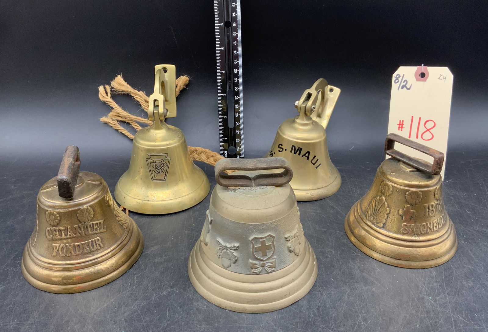 ASSORTED COW AND WALL MOUNTED BRASS BELLS AS SHOWN. (1 of 2)