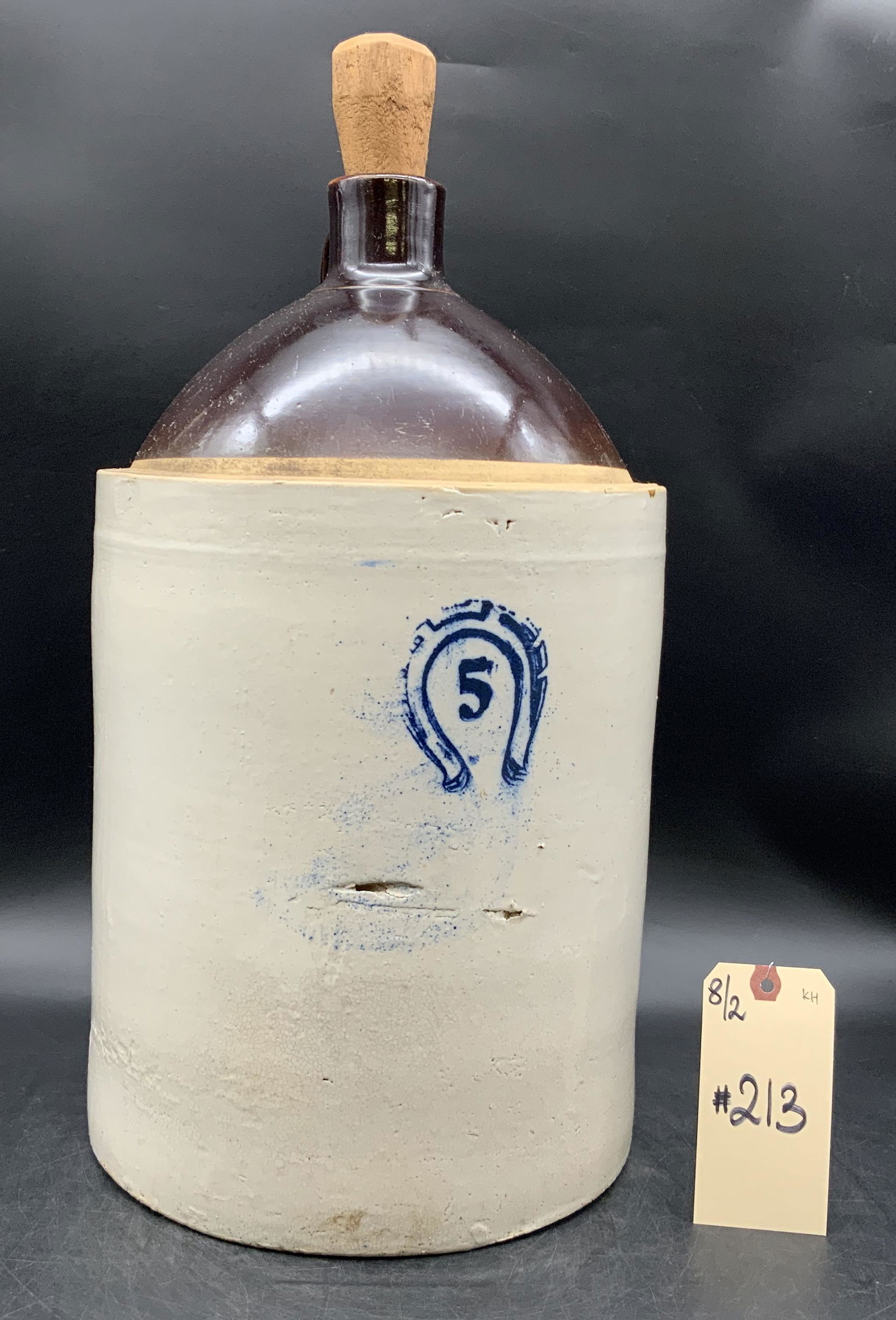 5 GALLON HORSESHOE DECORATED STONEWARE JUG. (1 of 3)