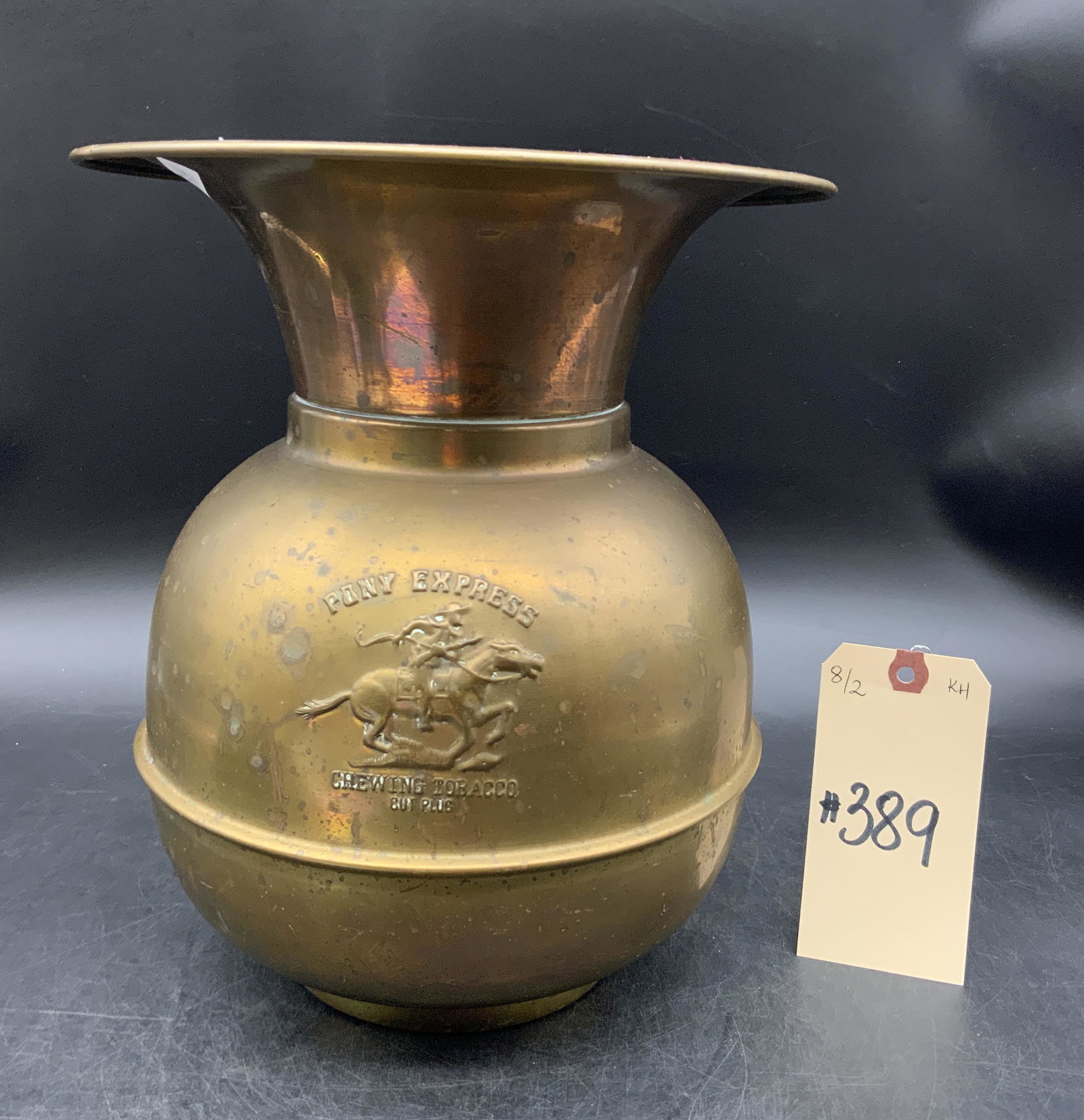 PONY EXPRESS CHEWING TOBACCO BRASS SPITTOON. (1 of 2)