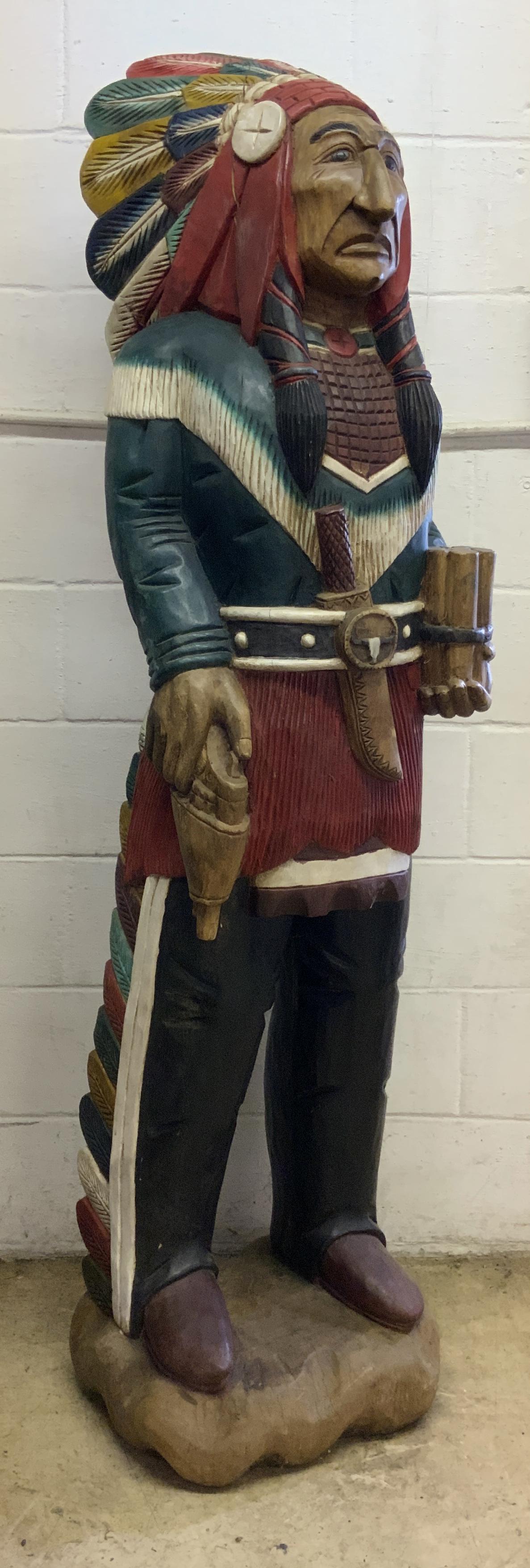 CARVED WOODEN CIGAR STORE INDIAN STATUE. (1 of 3)