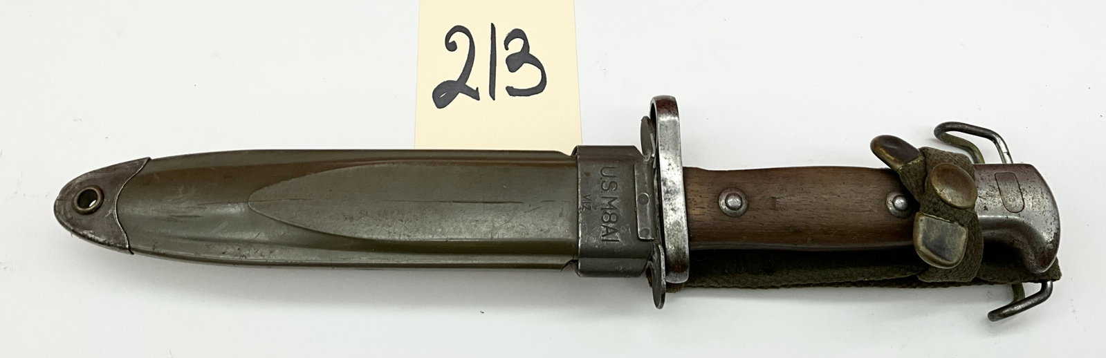 UNMARKED BAYONET WITH USMAI SCABBARD.: UNMARKED BAYONET WITH USMAI SCABBARD. SOLD AS SHOWN. MEASURES 12.5"L