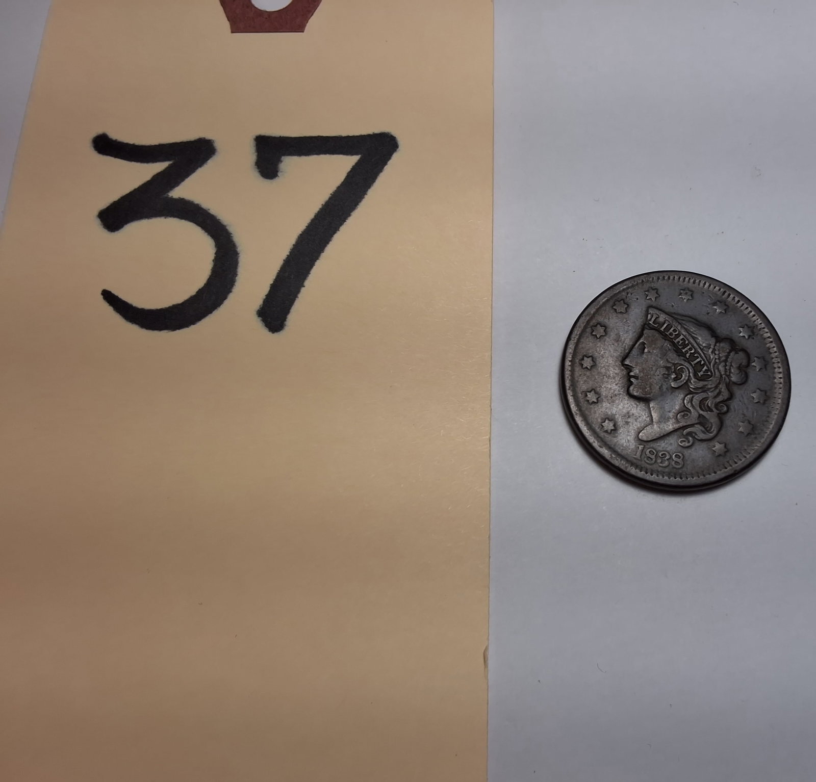 1838 Mod Matron Large Cent: 1838 Mod Matron Large Cent Condition All property is sold in "as is" condition and all sales are final. Teel Auctions and its consignor make no representations or warranties, express or implied, with 