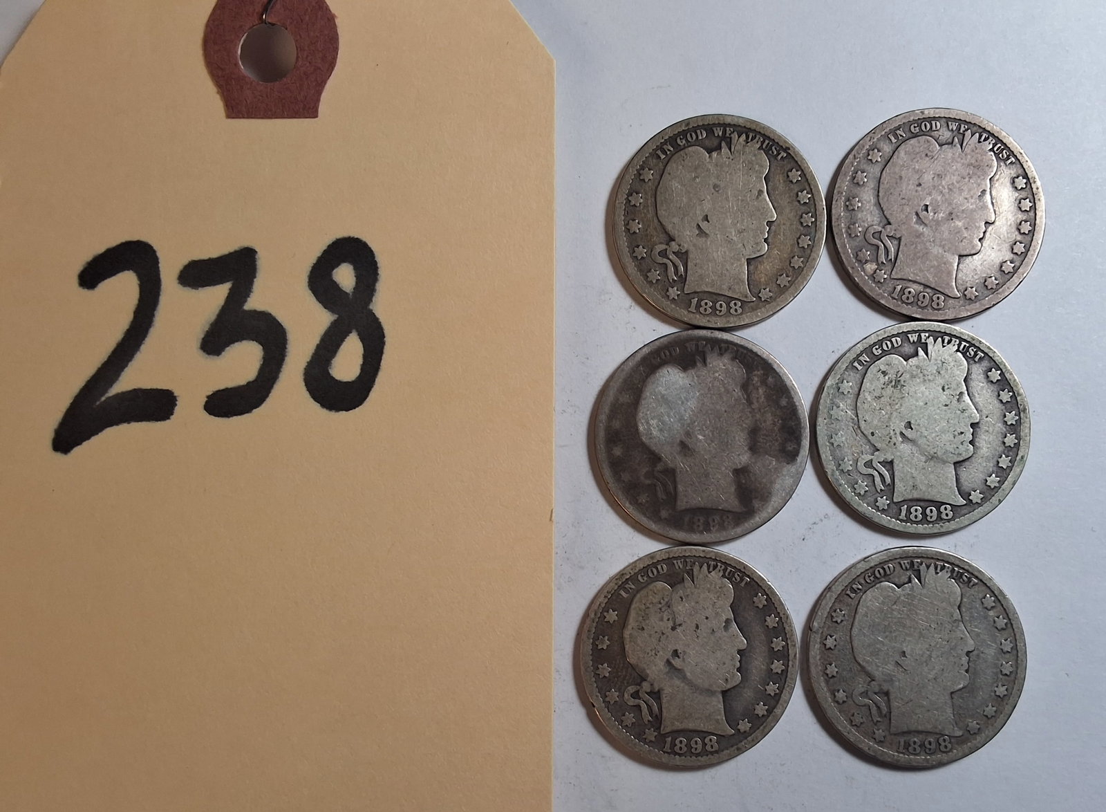 Lot of 6 Barber Quarters 25C - 1898: Lot of 6 Barber Quarters 25C - 1898 Condition All property is sold in "as is" condition and all sales are final. Teel Auctions and its consignor make no representations or warranties, express or impli