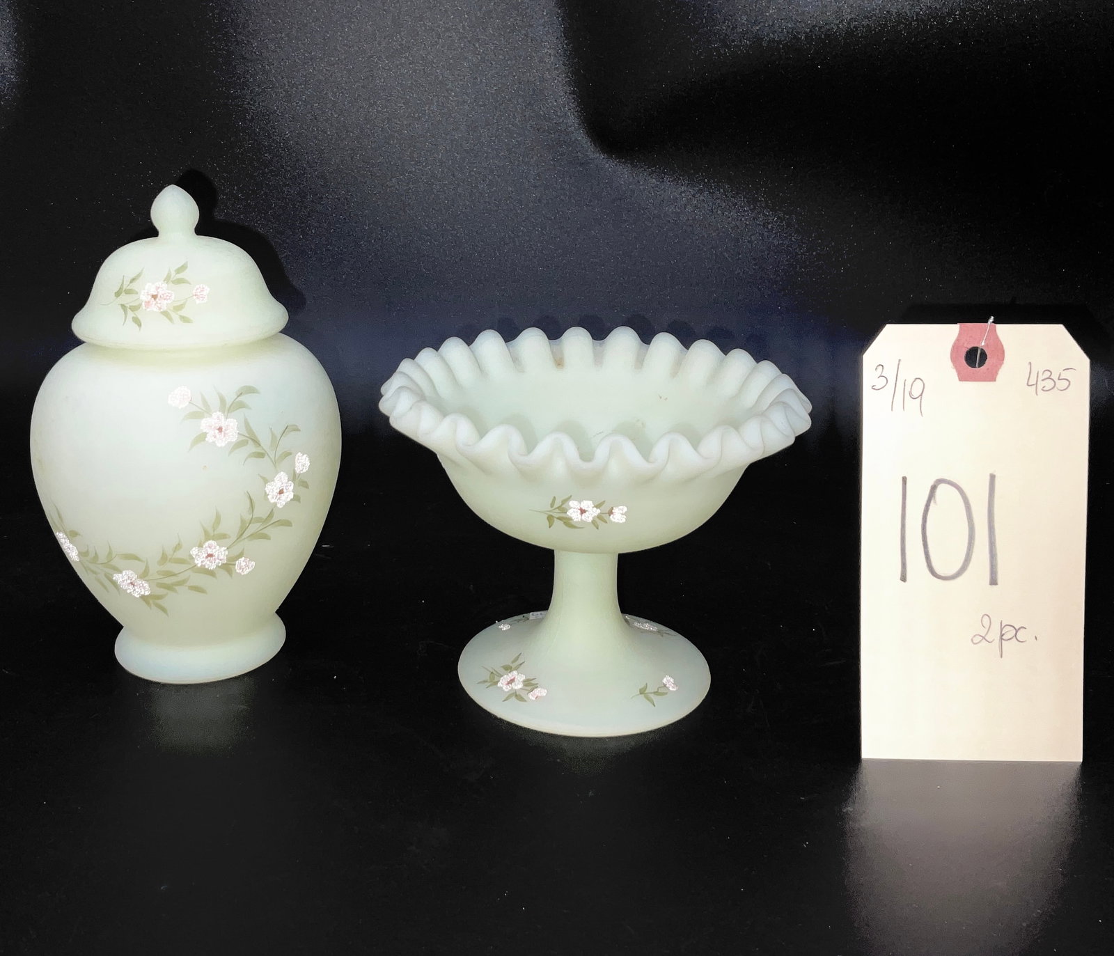 VINTAGE FENTON CUSTARD GLASS HAND-PAINTED GINGER JAR AND RIBBONED DISH (1 of 2)