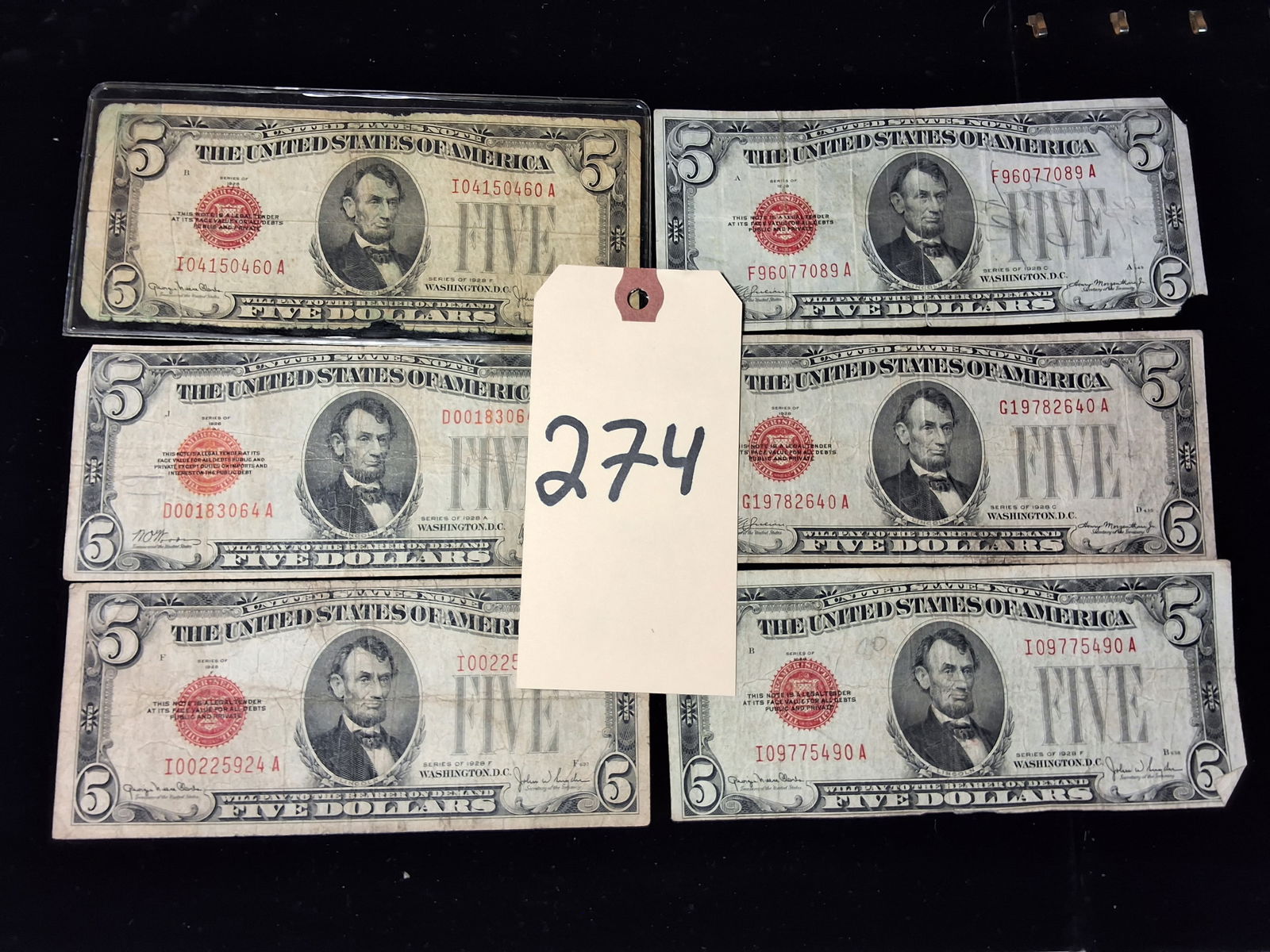 Lot of 6 1928 Five Dollar $5 Red Seal US Notes Currency (1 of 2)