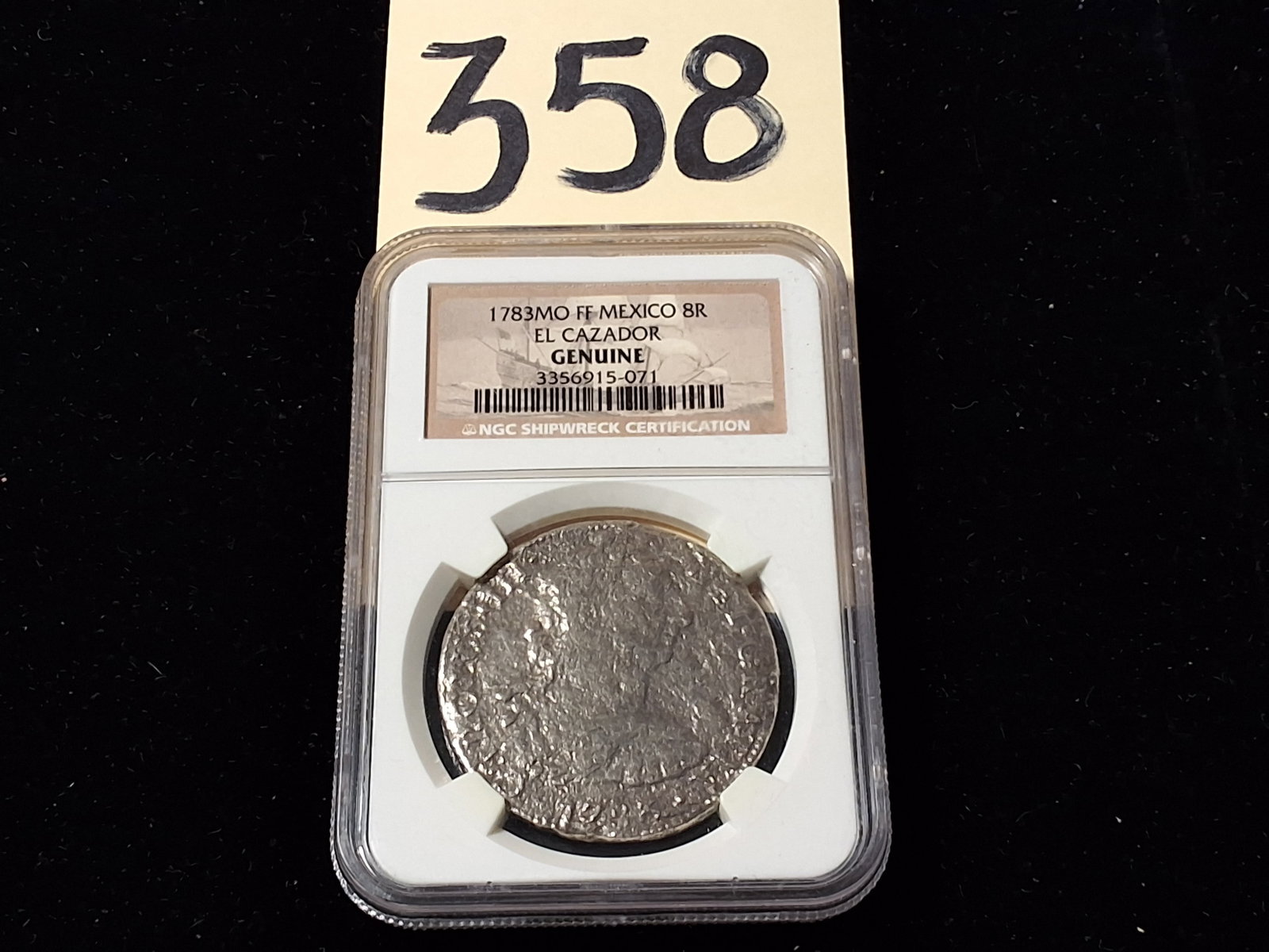 1783 MO FF Mexico 8R El Casador NGC Genuine Silver Pirate Shipwreck Coin: 1783 MO FF Mexico 8R El Casador NGC Genuine Silver Pirate Shipwreck Coin Condition All property is sold in "as is" condition and all sales are final. Teel Auctions and its consignor make no representa