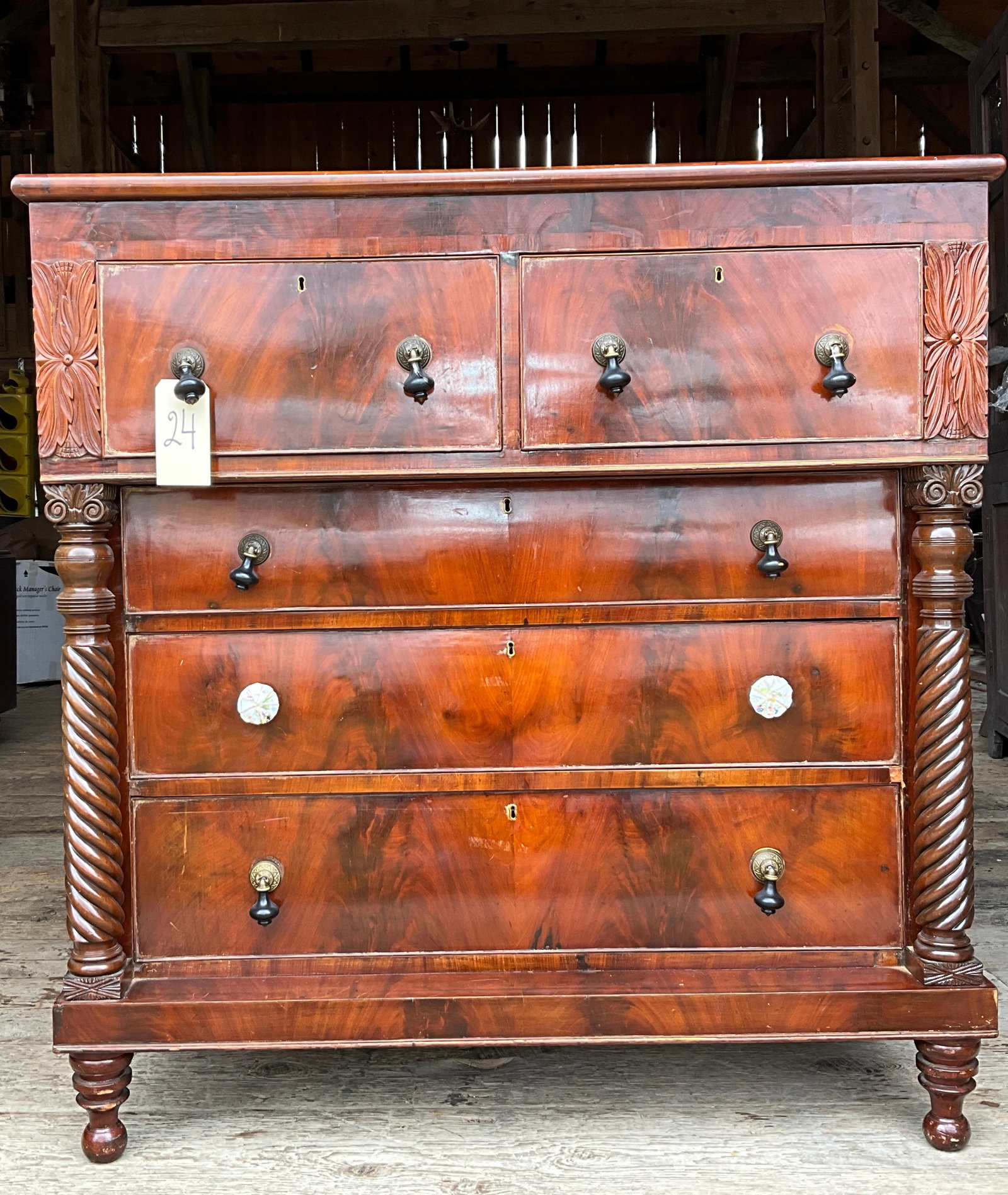 ANTIQUE CARVED MAHOGANY TWO OVER THREE CHEST OF DRAWERS.: ANTIQUE CARVED MAHOGANY TWO OVER THREE CHEST OF DRAWERS. MEASURES 45" X 23" X 47"H. Condition All property is sold in "as is" condition and all sales are final. Teel Auctions and its consignor make no