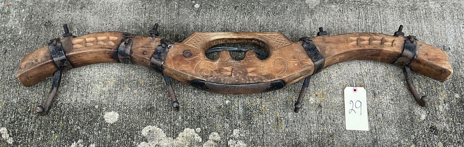 CARVED 1894 WALL HANGING OX YOKE WITH WROUGHT IRON HOOKS. (1 of 3)