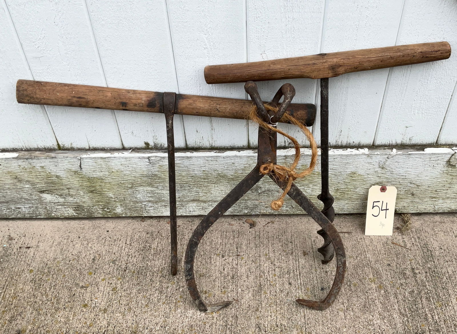 3 PC VINTAGE TONGS, BEAM DRILL, AND HOOK. (1 of 1)