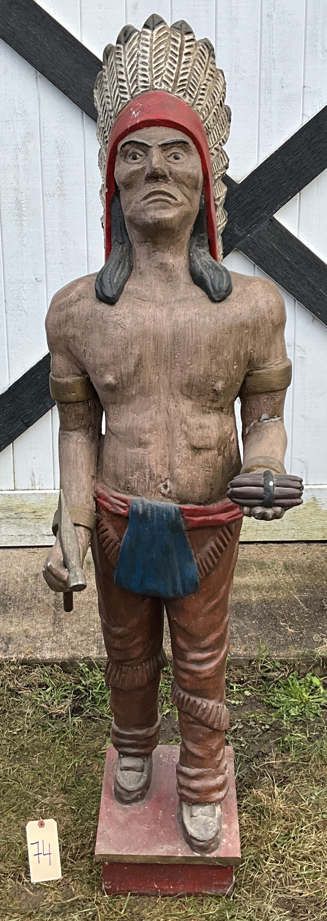 65" TALL PLASTER CIGAR STORE INDIAN, AS IS.: 65" TALL PLASTER CIGAR STORE INDIAN, AS IS. PLEASE NOTE THERE IS A CRACK IN THE ARM AND THE FEET. SEE PHOTOGRAPHS. Condition All property is sold in "as is" condition and all sales are final. Teel Auc