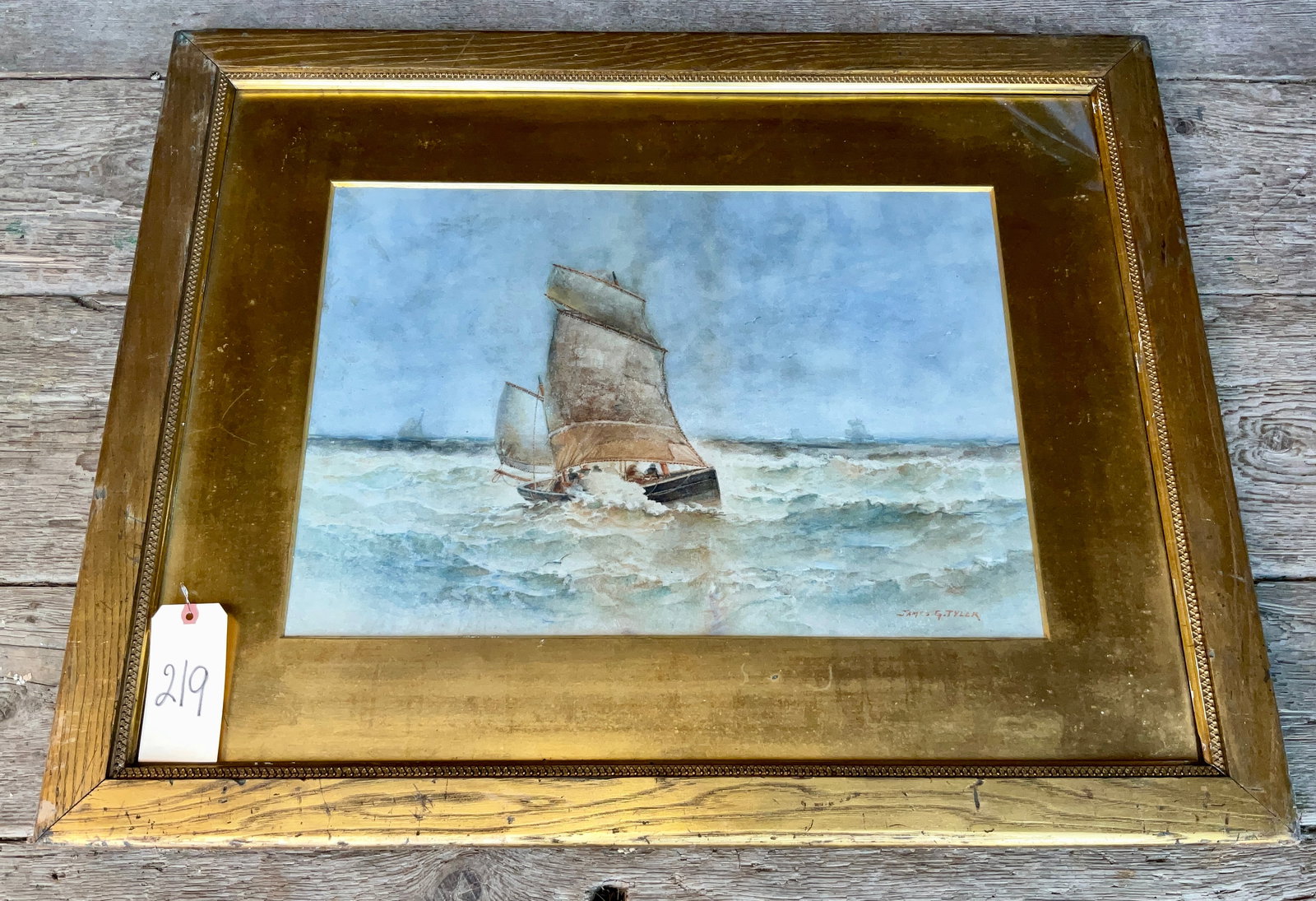 FRAMED SAILBOAT WATERCOLOR SIGNED JAMES G TYLER (1855-1931). (1 of 3)