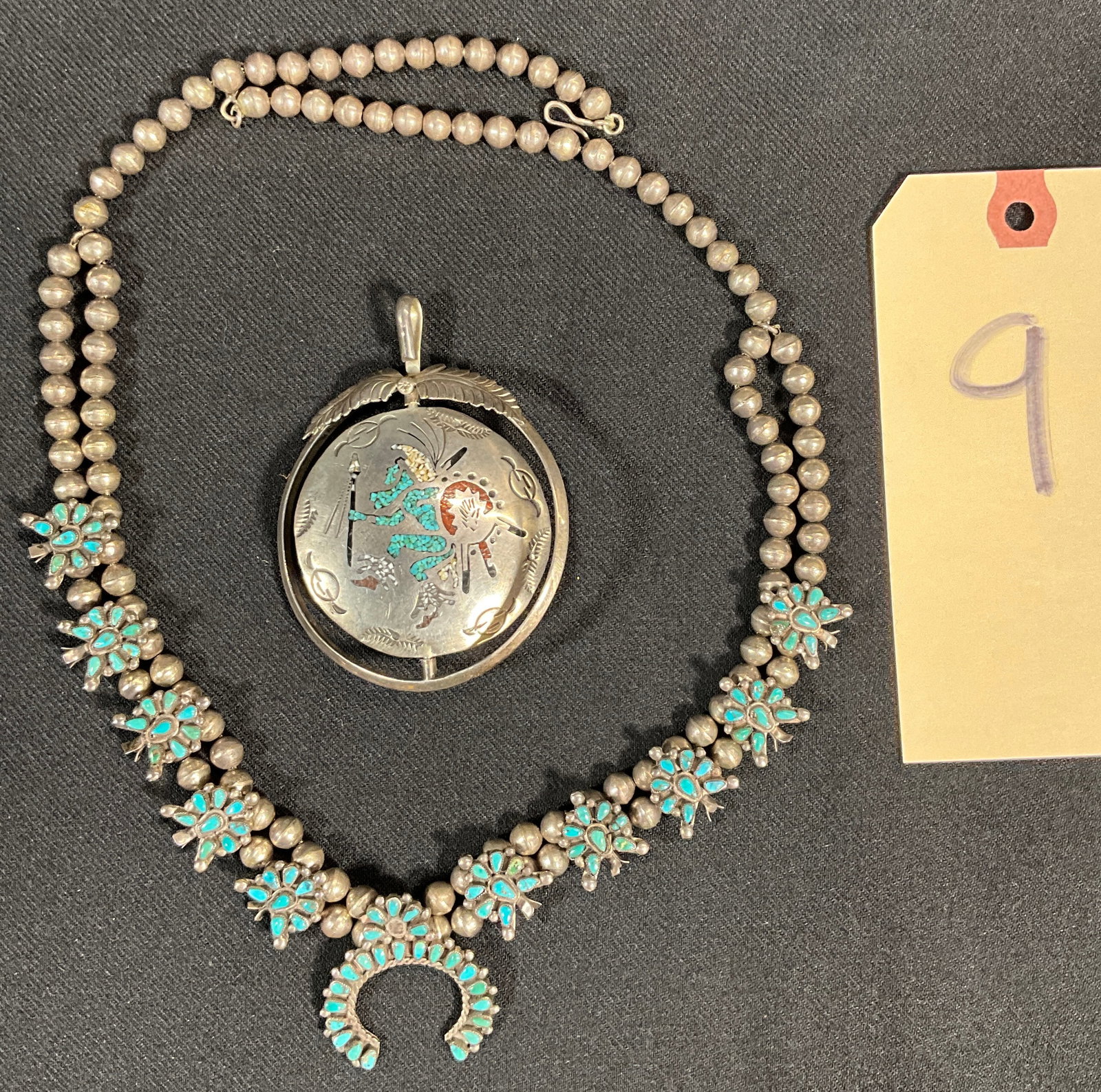 SOUTHWESTERN TURQUOISE AND CORAL TWO SIDED PENDANT WITH 23" ZUNI NECKLACE. (1 of 5)