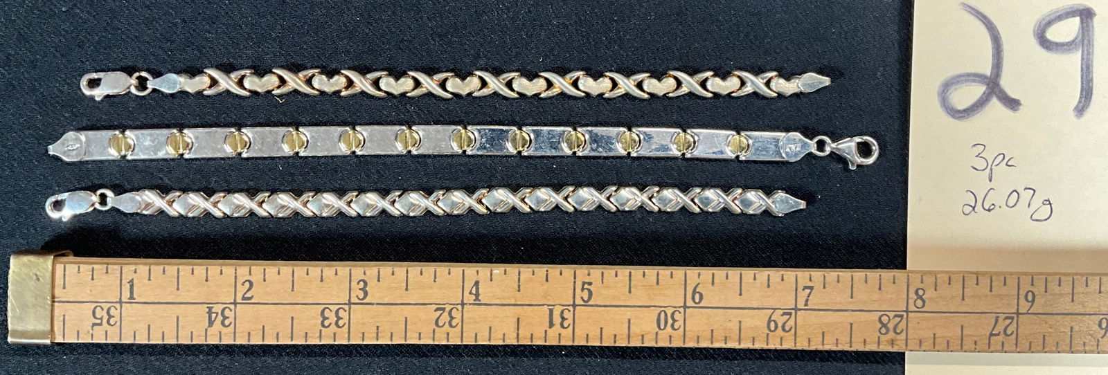 3 PC STERLING SILVER 7" BRACELETS. TOTAL WEIGHT 26.07 GRAMS. (1 of 3)