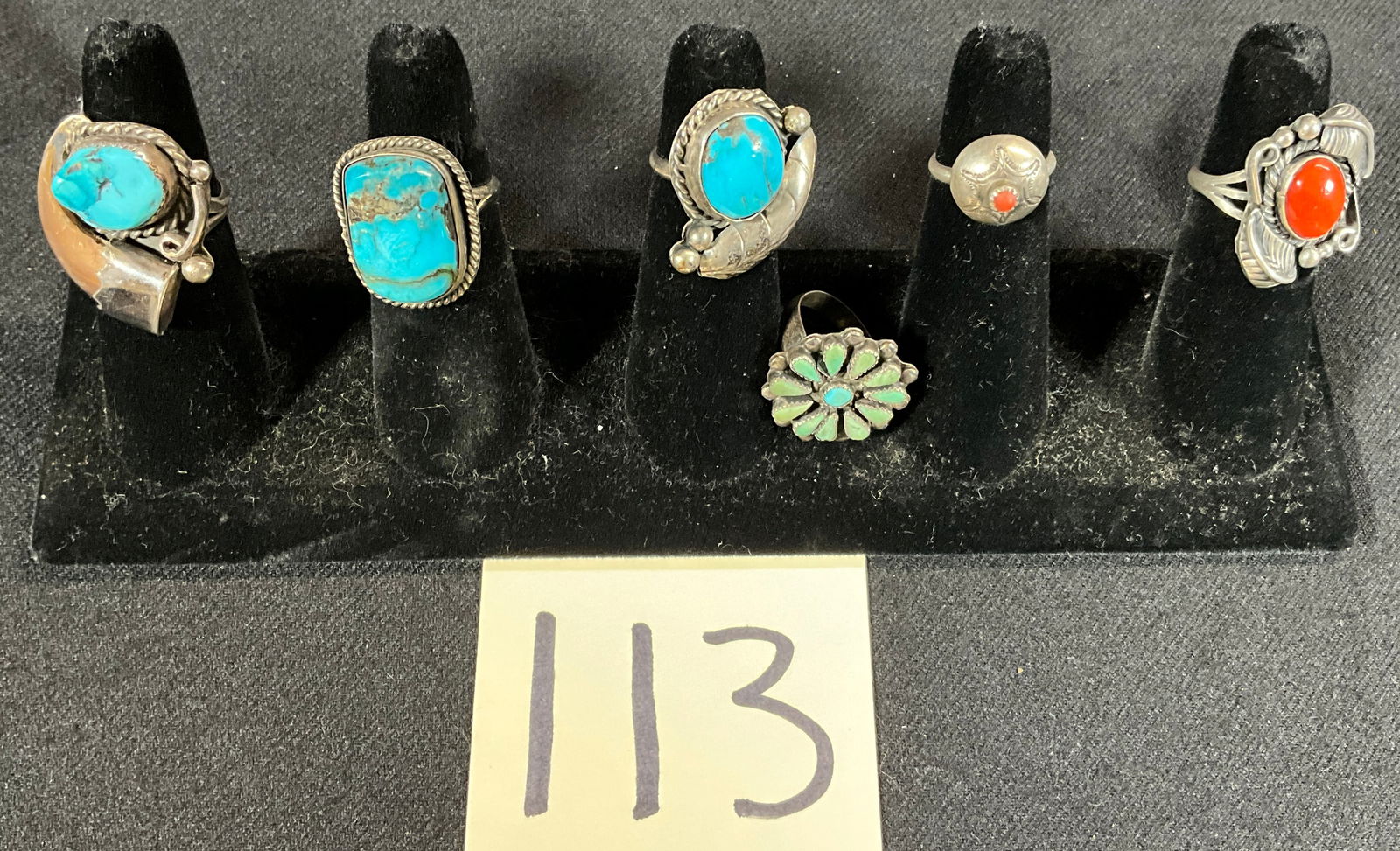 6 PC ASSORTED BEGAY AND OTHERS TURQUOISE AND CORAL SOUTHWESTERN RINGS. (1 of 4)