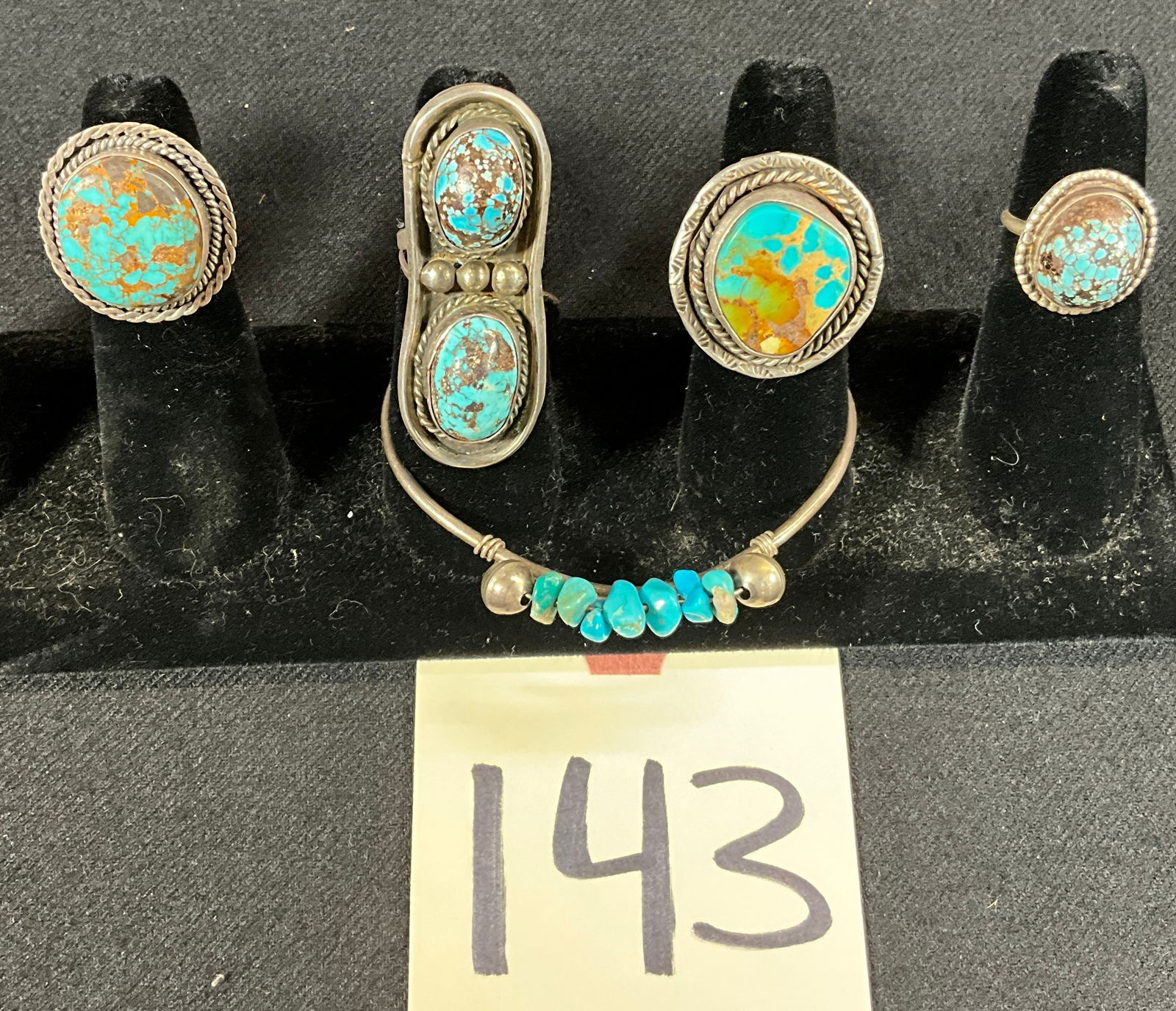 5 PC SOUTHWESTERN TURQUOISE DECORATED BRACELET AND RINGS. (1 of 3)