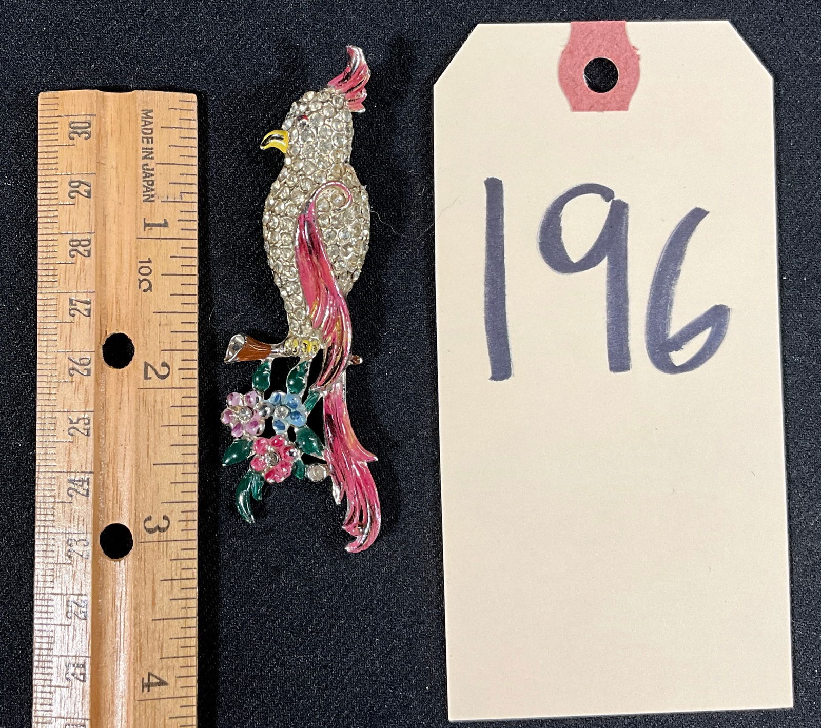 CORO DUETTE RHINESTONE ENCRUSTED, ENAMEL PAINTED PARROT BROOCH.: CORO DUETTE RHINESTONE ENCRUSTED, ENAMEL PAINTED PARROT BROOCH. Condition All property is sold in "as is" condition and all sales are final. Teel Auctions and its consignor make no representations or