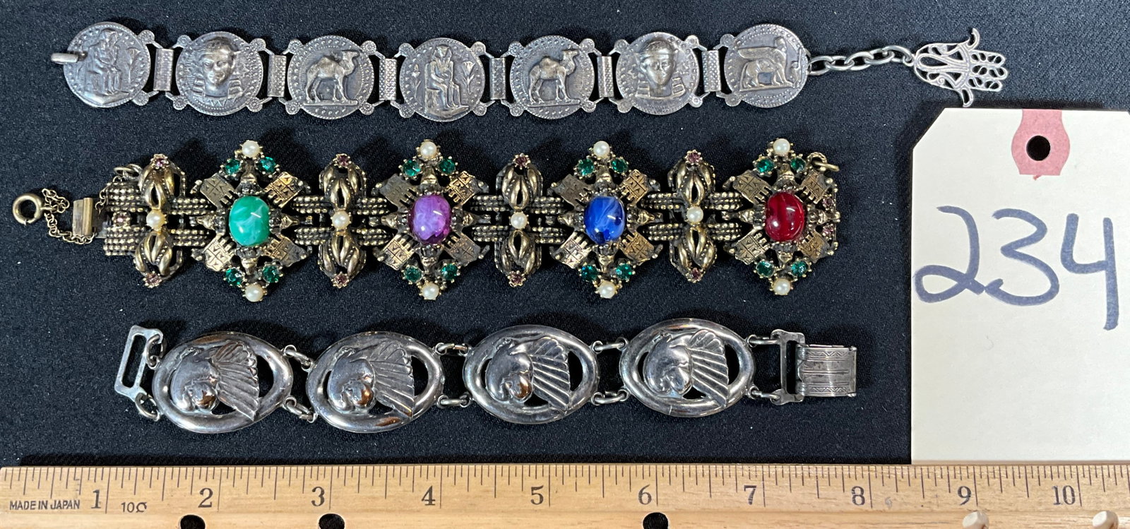 3 PC VINTAGE EGYPTIAN AND MORE BRACELETS.: 3 PC VINTAGE EGYPTIAN AND MORE BRACELETS. Condition All property is sold in "as is" condition and all sales are final. Teel Auctions and its consignor make no representations or warranties, express or
