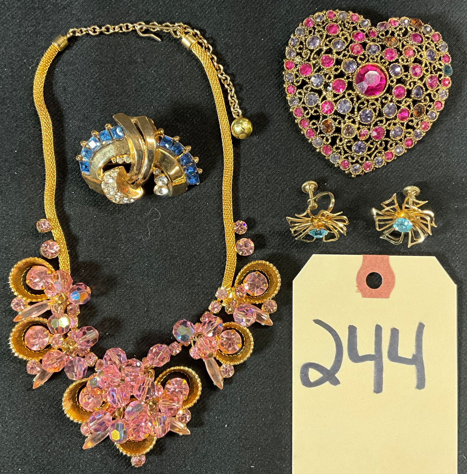 5 PC MULTI COLORED JEMSTONE ENCRUSTED LARGE BROOCH, EARRINGS, NECKLACE, AND MORE. (1 of 4)