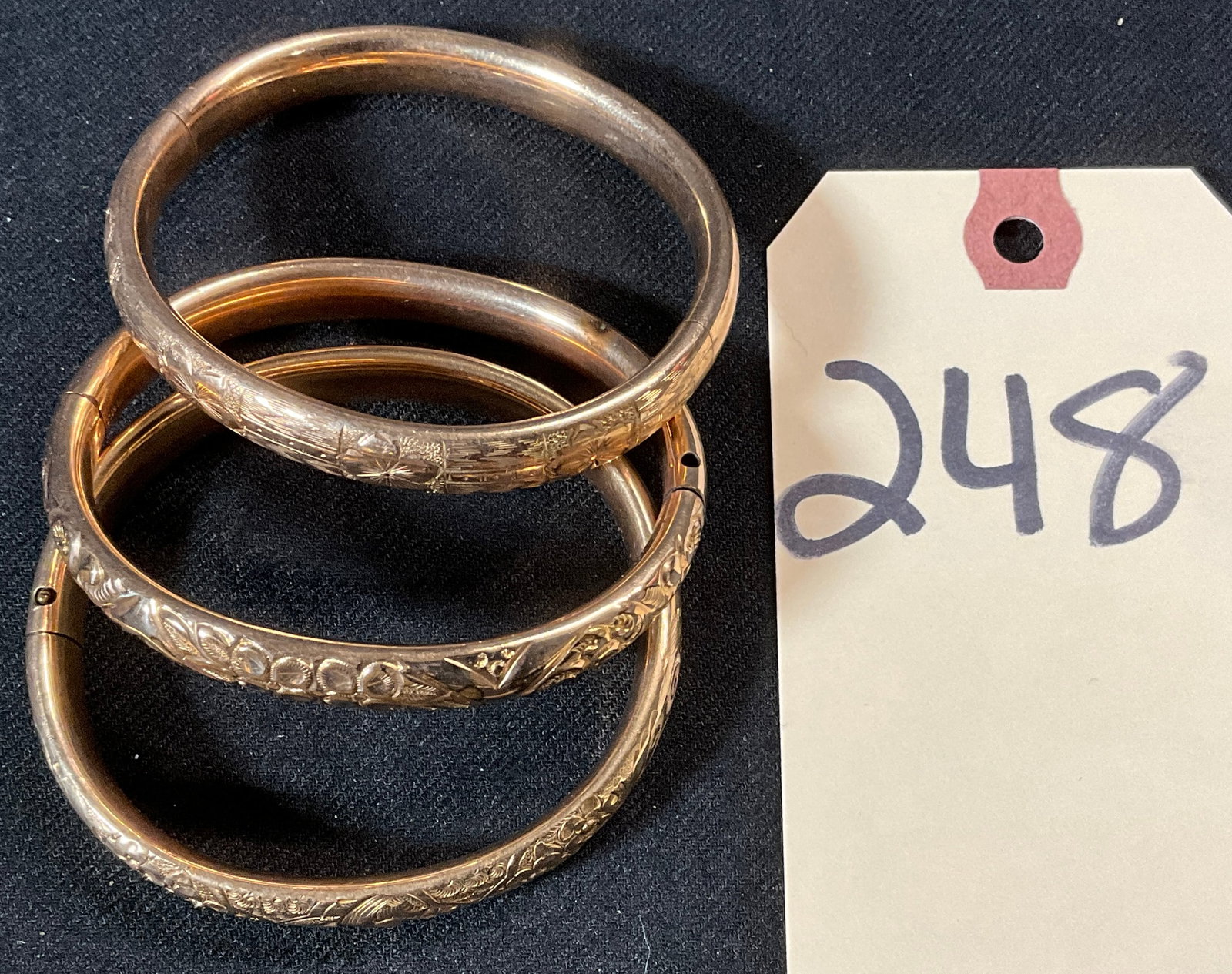3 PC ETCHED VINTAGE BRACELETS.: 3 PC ETCHED VINTAGE BRACELETS. MARKED H.F.B. & CO, GOLD FILLED, AND MORE. Condition All property is sold in "as is" condition and all sales are final. Teel Auctions and its consignor make no represent