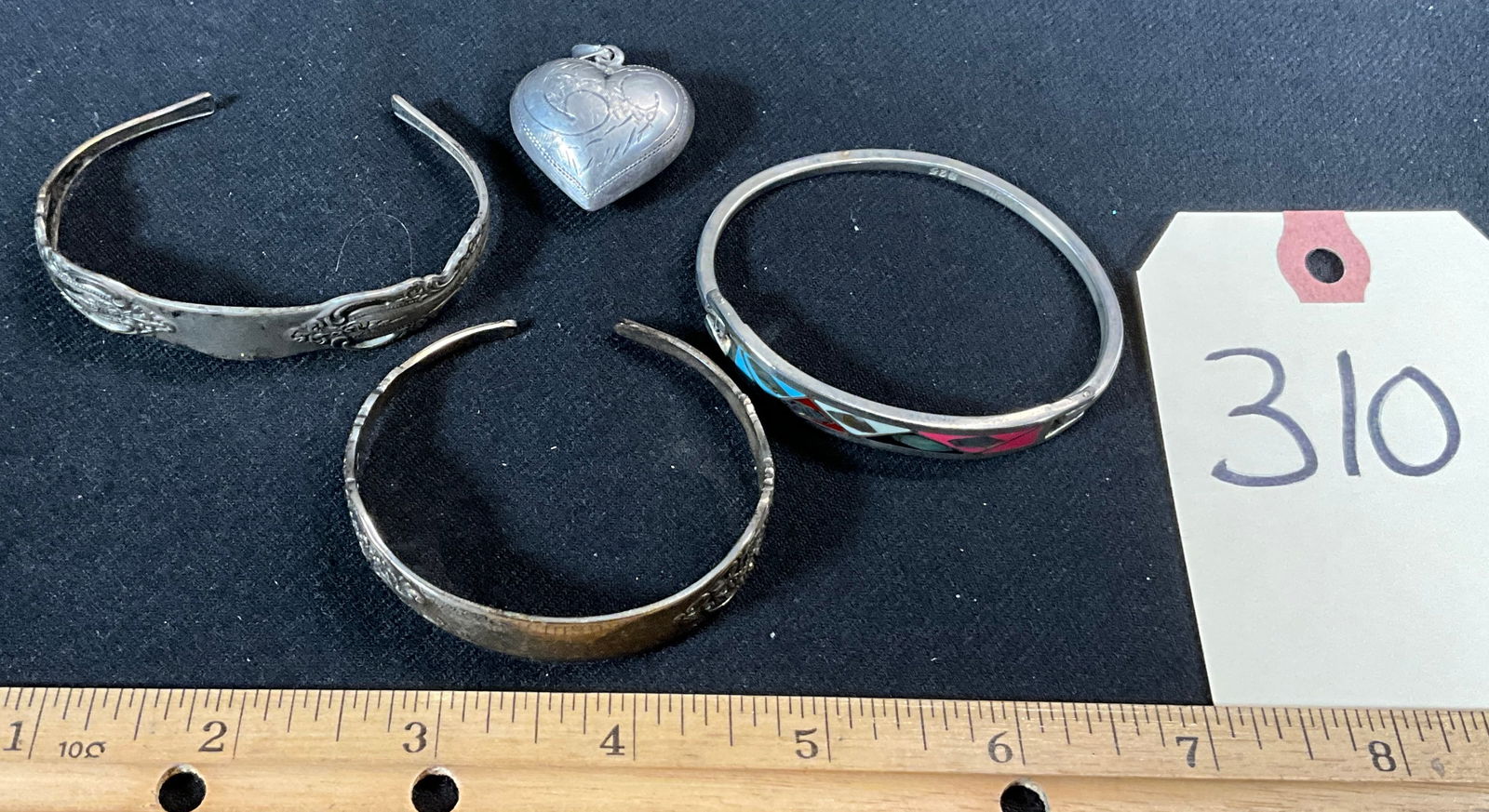 4 PC STERLING SILVER BRACELETS AND HEART PENDANT. (1 of 4)