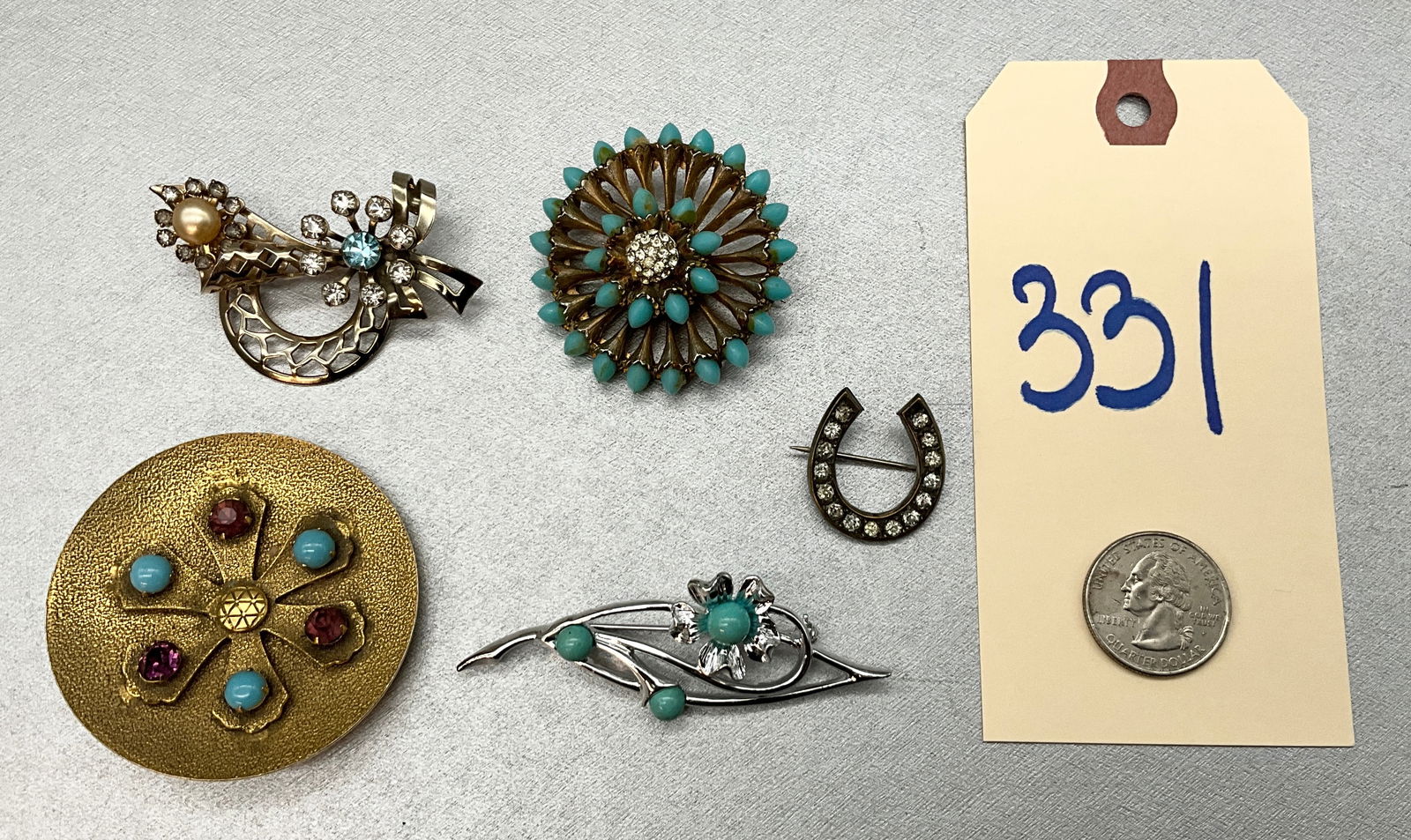 5 PC ASSORTED TURQUOISE AND GEMSTONE ENCRUSTED BROOCHES. (1 of 10)
