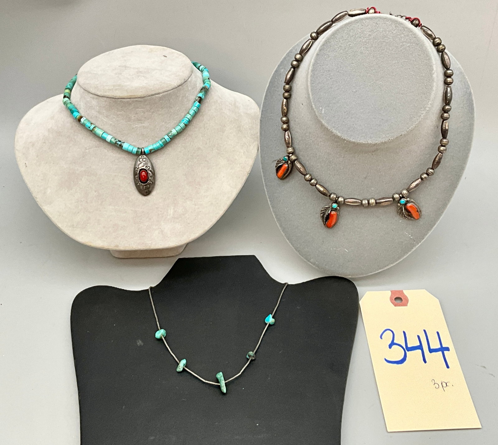 3 PC CORAL AND TURQUOISE SOUTHWESTERN STYLE NECKLACES.: 3 PC CORAL AND TURQUOISE SOUTHWESTERN STYLE NECKLACES. Condition All property is sold in "as is" condition and all sales are final. Teel Auctions and its consignor make no representations or warrantie