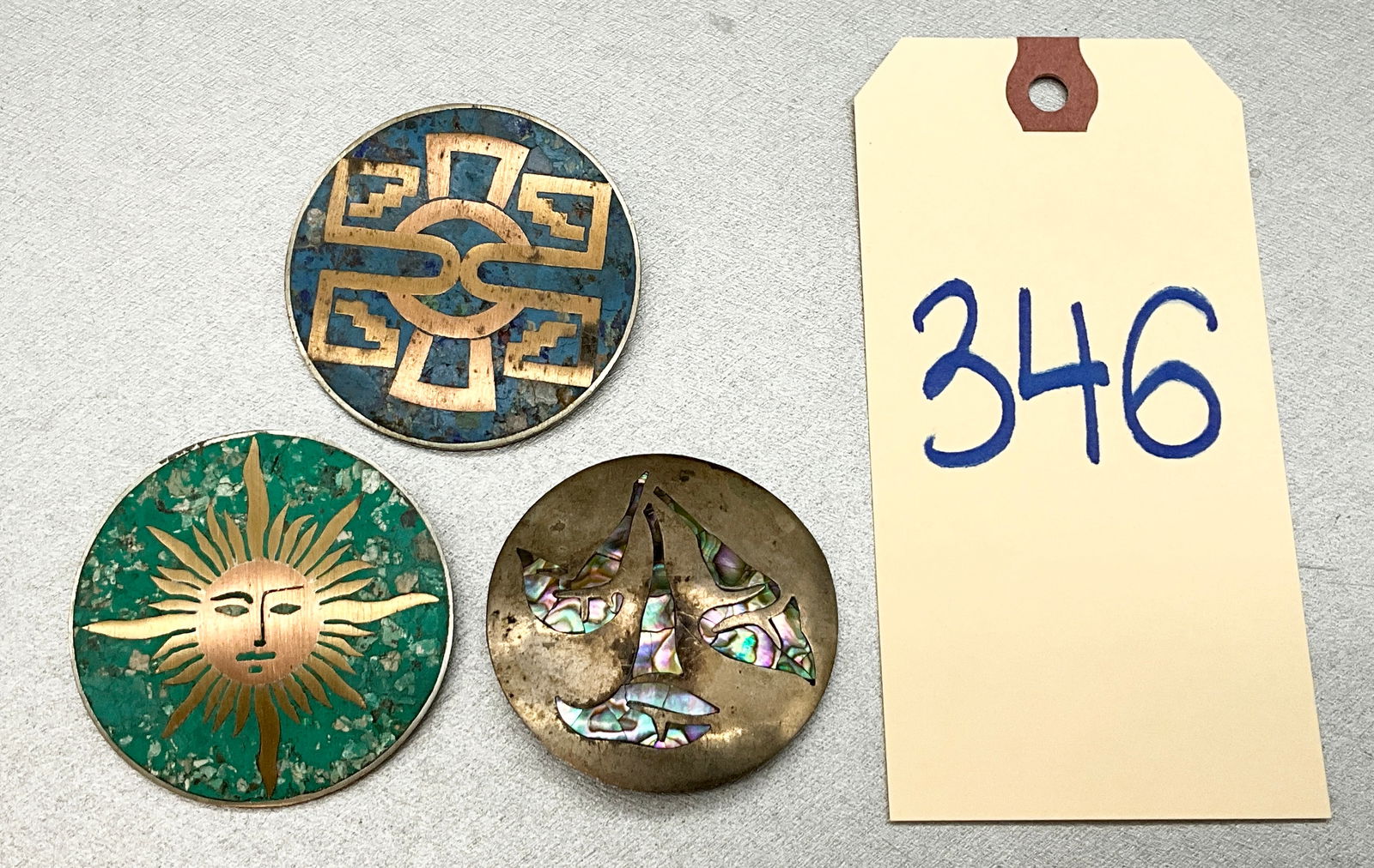 3 PC ABOLONE AND MORE DECORATED STERLING BROOCHES. (1 of 6)