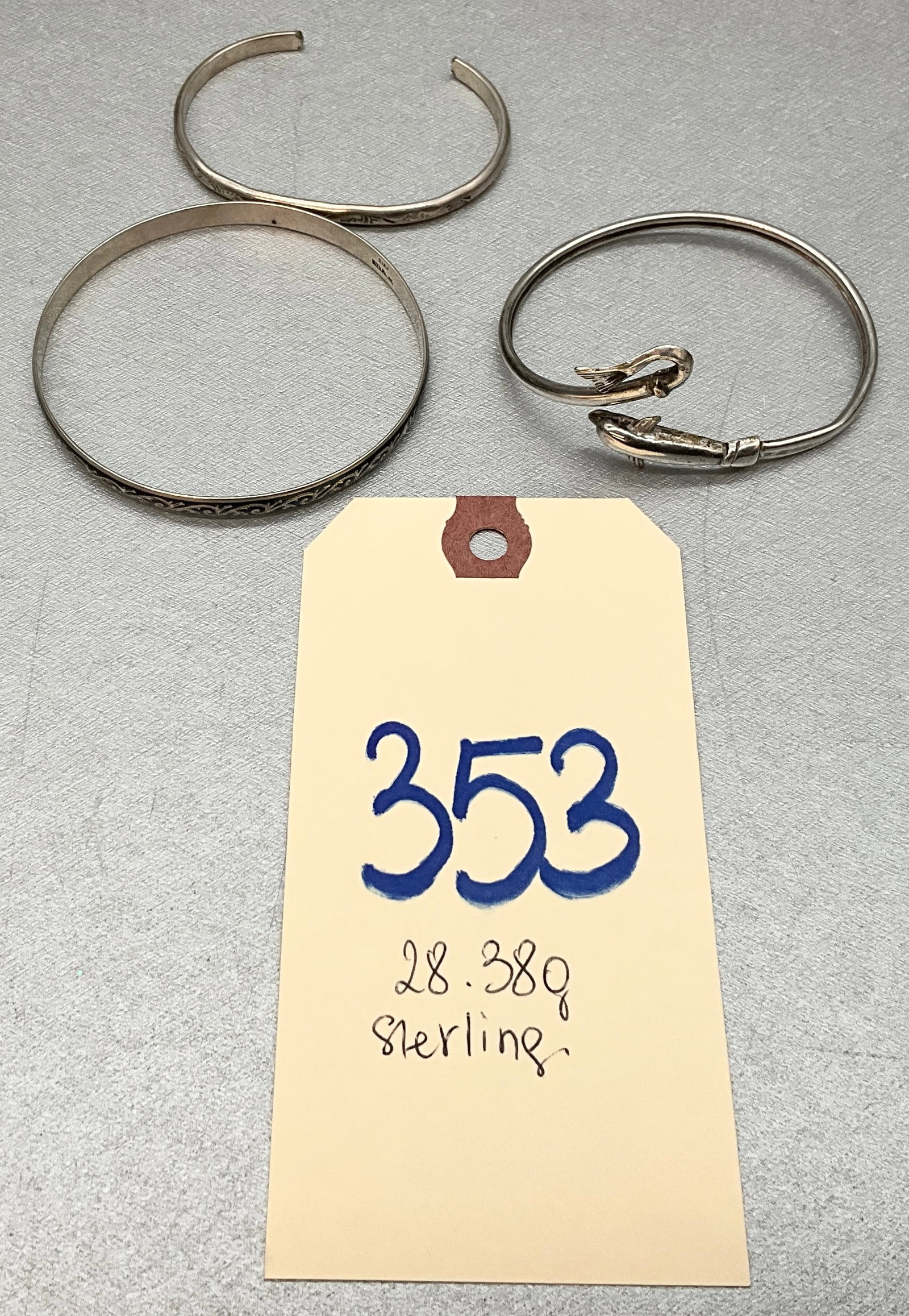 3 PC STERLING SILVER BRACELETS, TOTAL 28.38 GRAMS.: 3 PC STERLING SILVER BRACELETS, TOTAL 28.38 GRAMS. Condition All property is sold in "as is" condition and all sales are final. Teel Auctions and its consignor make no representations or warranties, e