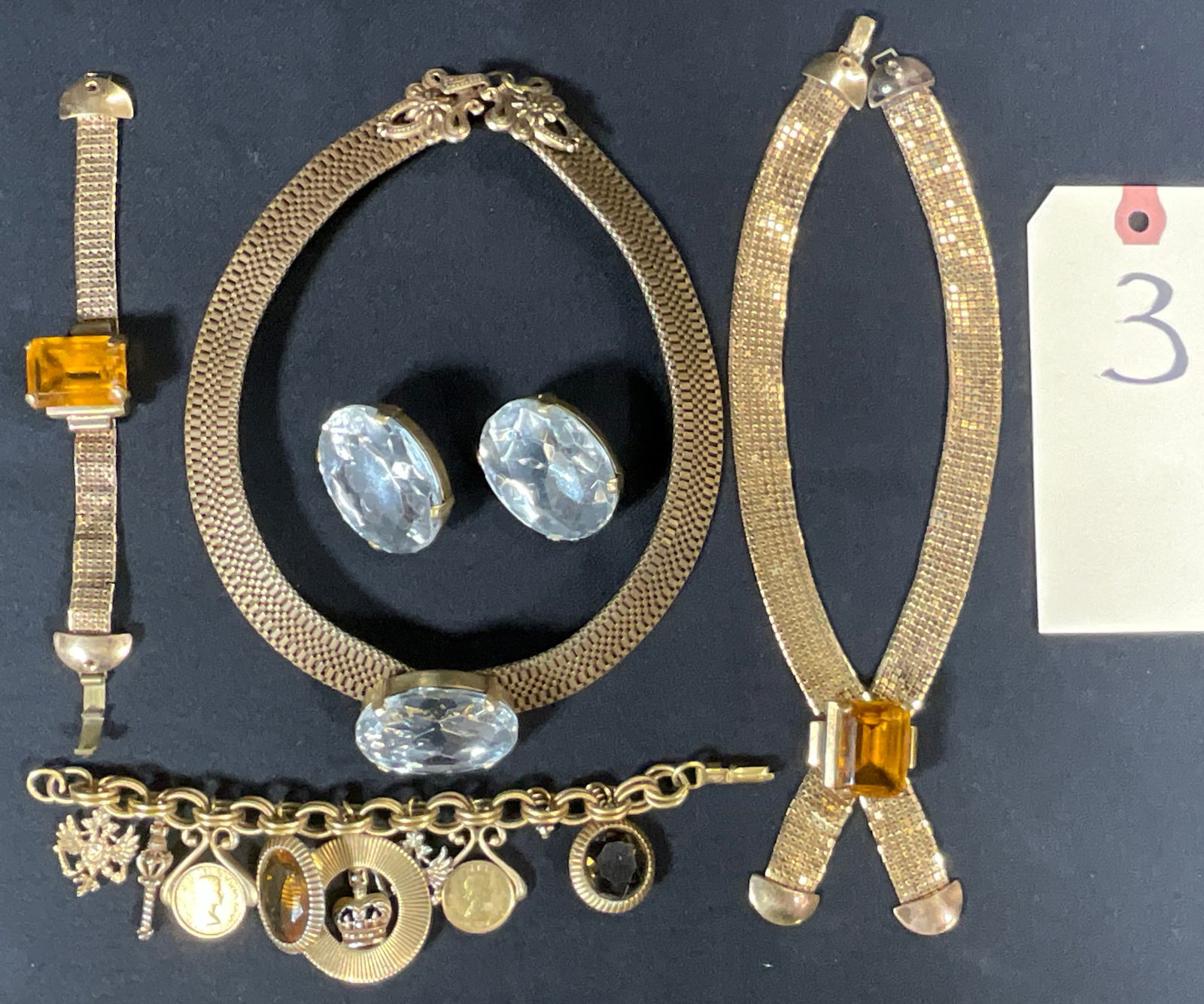 6 PC GEMSTONE DECORATED GOLD COLORED BRACELETS, NECKLACES, AND EARRINGS. (1 of 6)