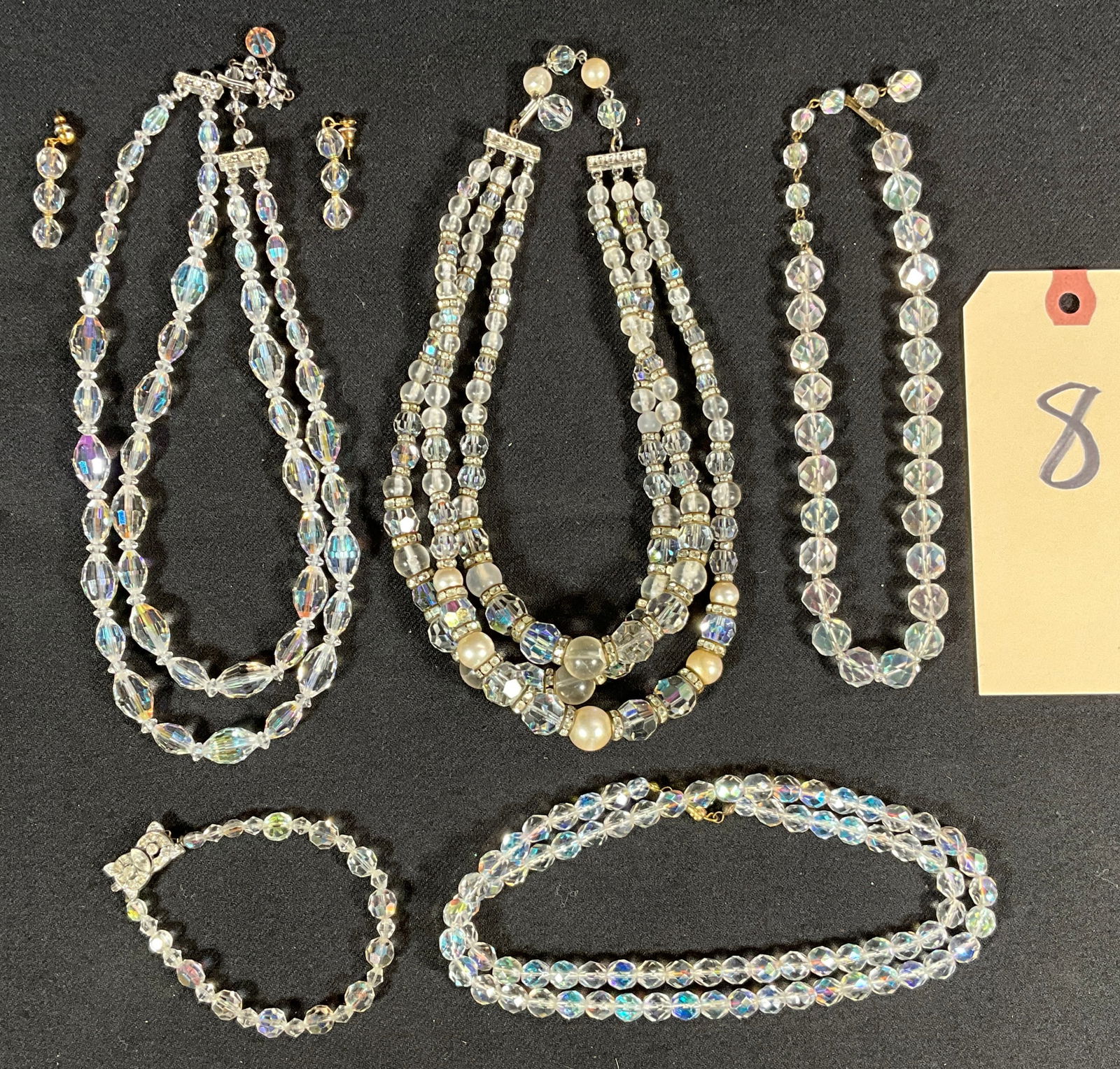 7 PC ASSORTED THREE STAND AND MORE CRYSTAL BEAD NECKLACES, EARRINGS, AND BRACELETS. (1 of 5)