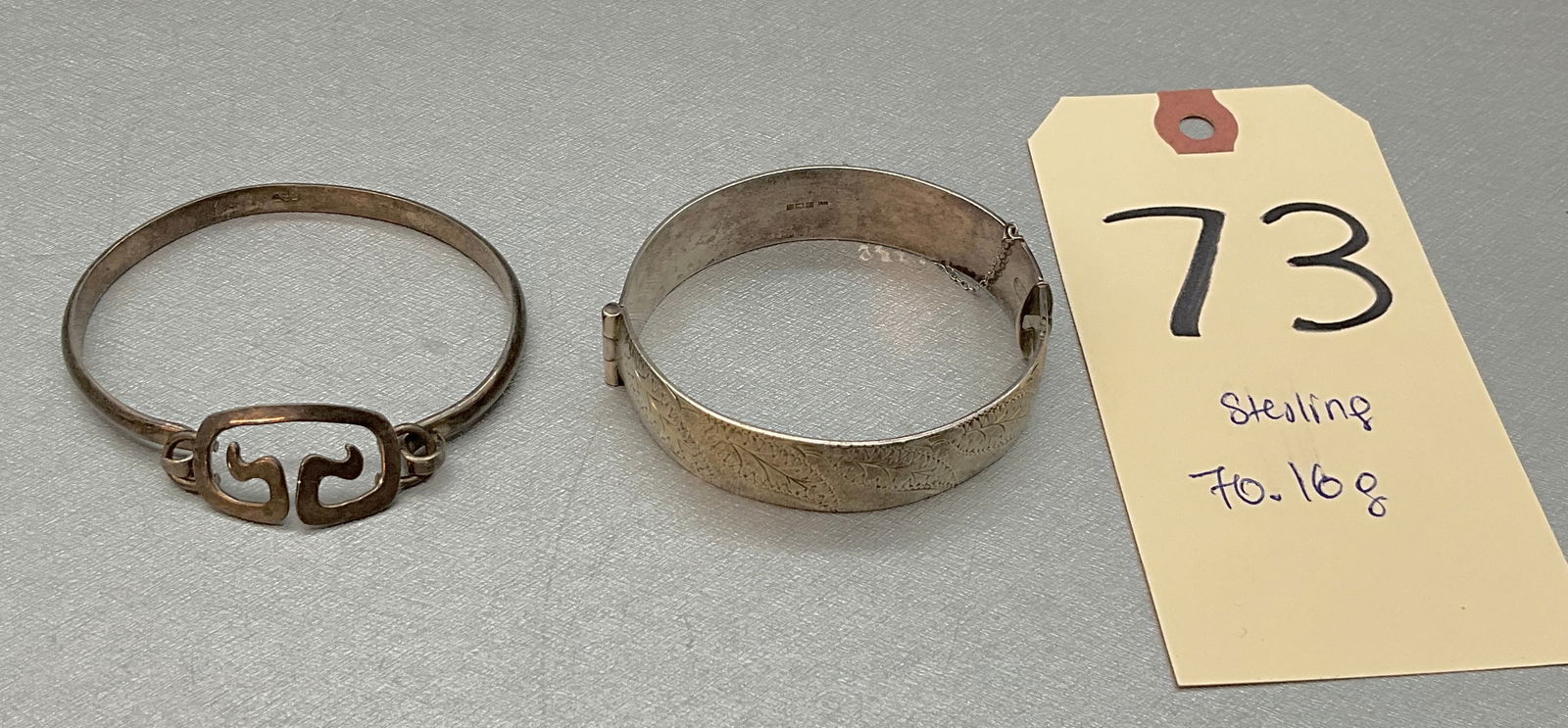 2 PC STERLING SILVER CUFF BRACELETS.: 2 PC STERLING SILVER CUFF BRACELETS. ONE WITH ENGLISH HALLMARKS. TOTAL WEIGHT 70.16 GRAMS. Condition All property is sold in "as is" condition and all sales are final. Teel Auctions and its consignor