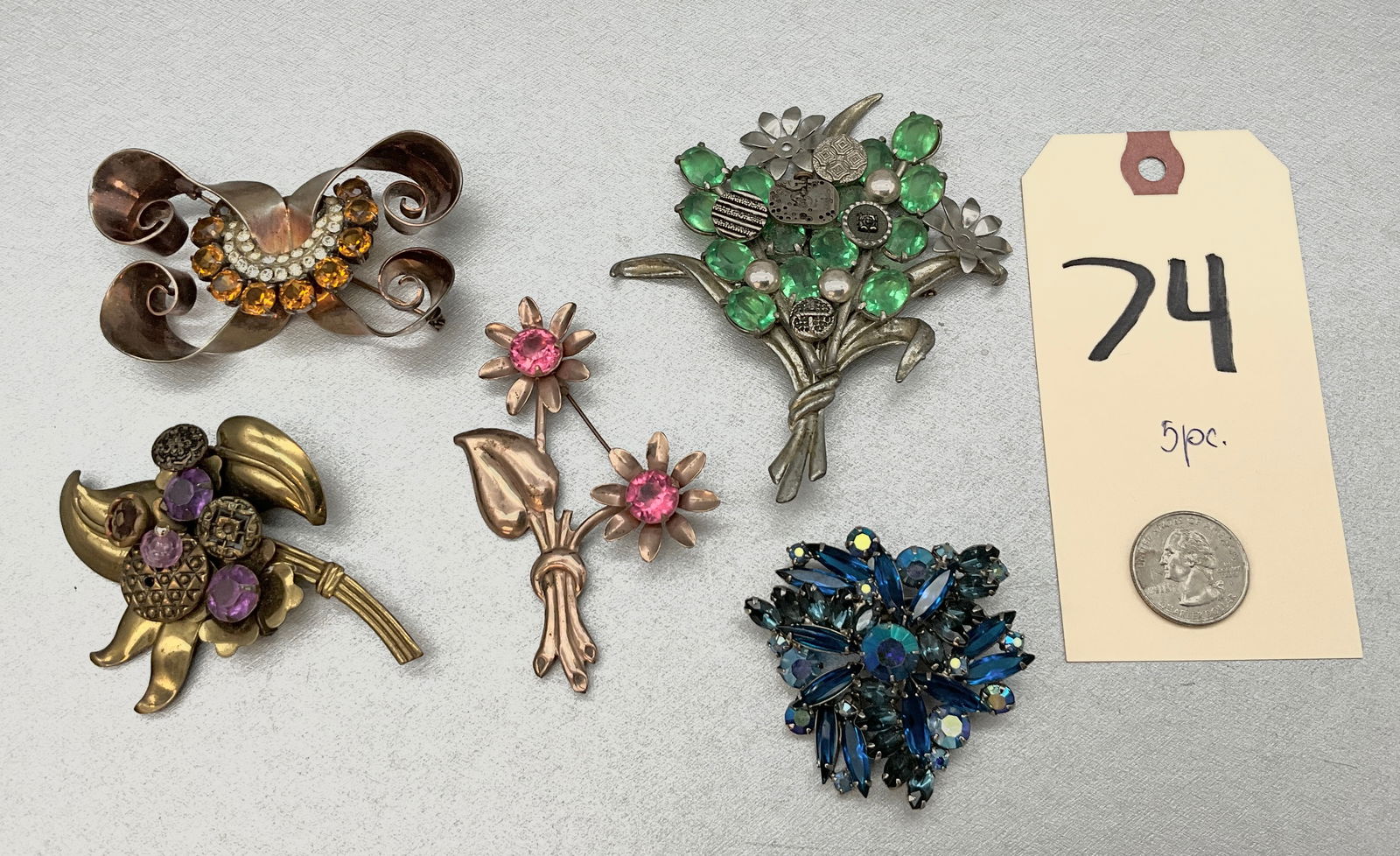 5 PC ASSORTED FLORAL AND RHINESTONE ENCRUSTED BROOCHES. ONE STERLING (1 of 8)