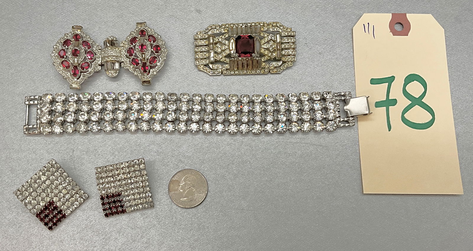5 PC CLEAR AND RUBY RHINESTONE ENCRUSTED EARRINGS, BRACELET, BROOCH, AND BELT CLIP. (1 of 6)
