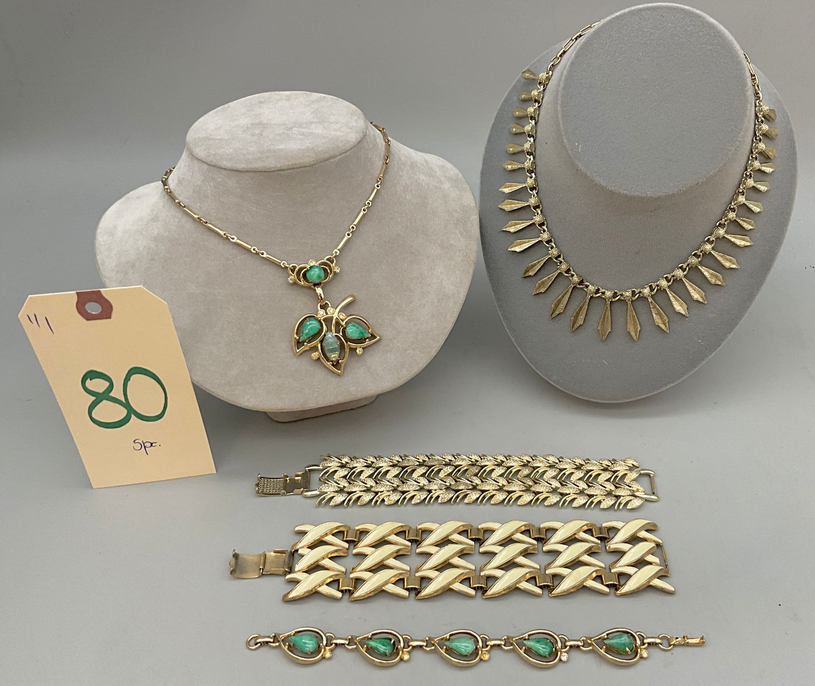 5 PC GOLD COLORED BRACELETS AND NECKLACES, ONE MARKED CORO.: 5 PC GOLD COLORED BRACELETS AND NECKLACES, ONE MARKED CORO. Condition All property is sold in "as is" condition and all sales are final. Teel Auctions and its consignor make no representations or warr