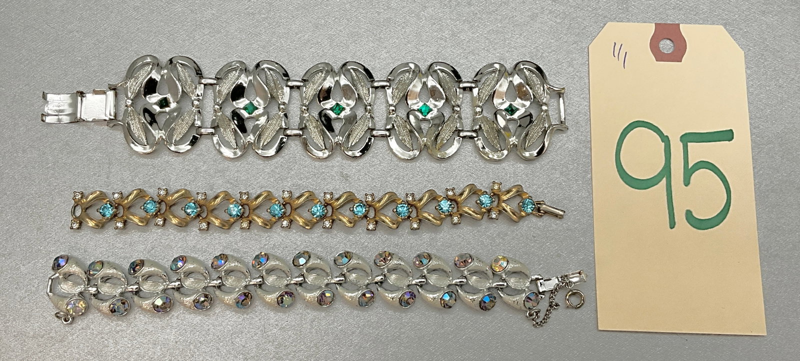 3 PC GEMSTONE ENCRUSTED BRACELETS LOT.: 3 PC GEMSTONE ENCRUSTED BRACELETS LOT. Condition All property is sold in "as is" condition and all sales are final. Teel Auctions and its consignor make no representations or warranties, express or im