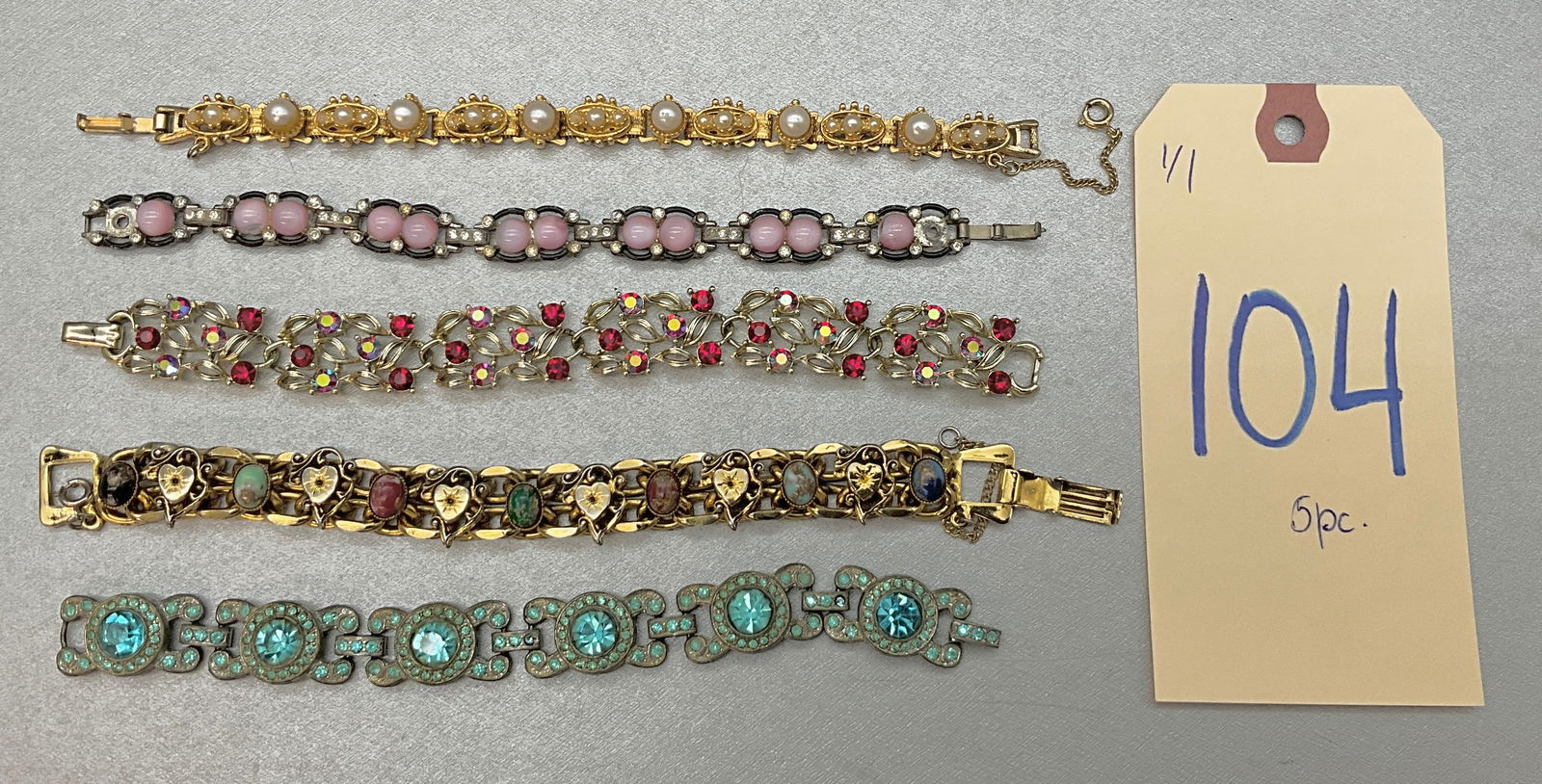 5 PC UNMARKED RHINESTONE DECORATED BRACELETS. (1 of 4)