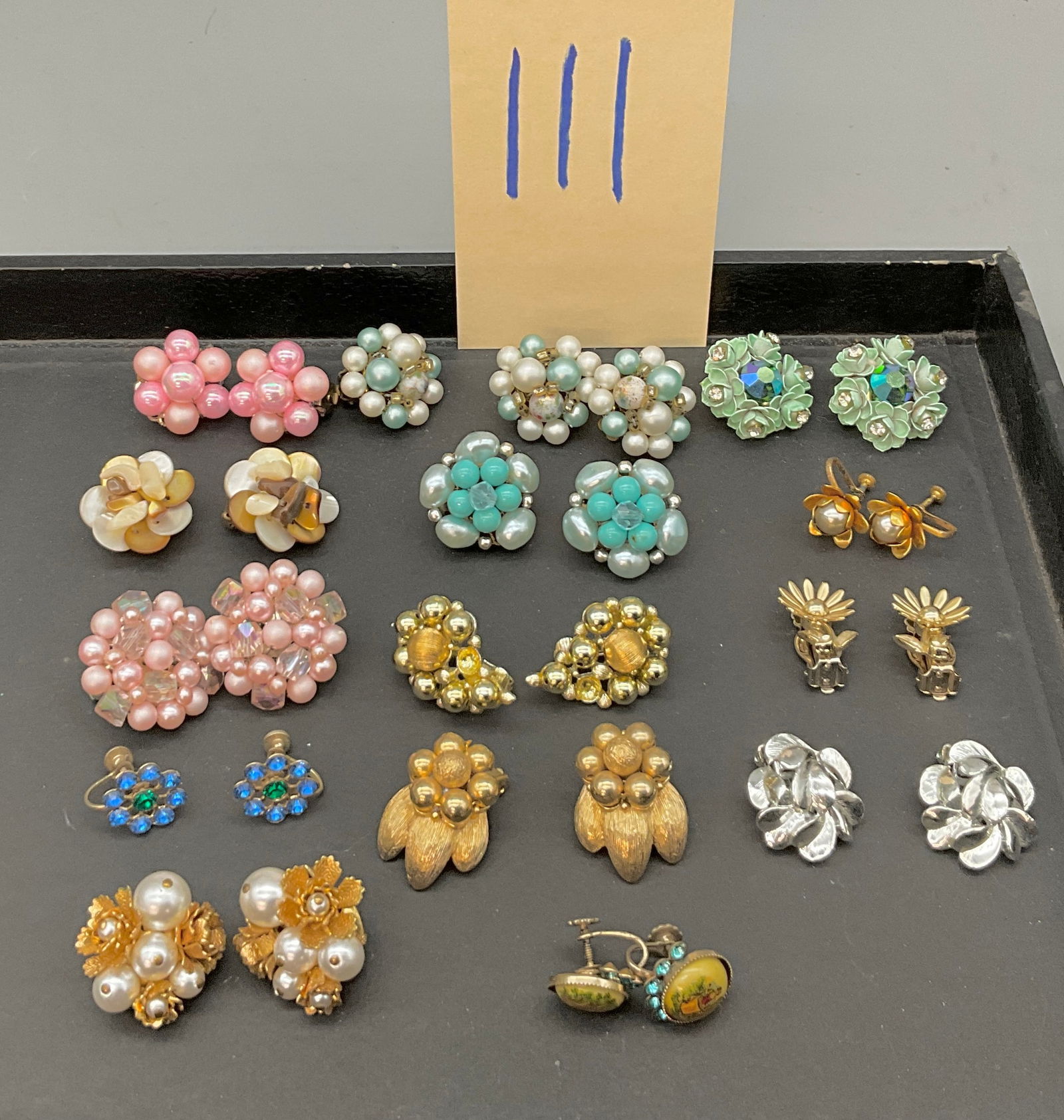 14 PAIR OF ASSORTED MIXED MEDIA EARRINGS. MARKED KRAMER, JAPAN, AND OTHERS. (1 of 5)