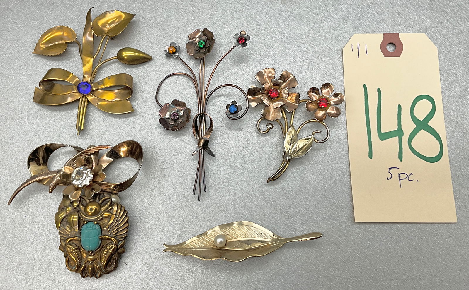 5 PC FLORAL AND BEETLE DECORATED BROOCHES, TWO STERLING. (1 of 10)