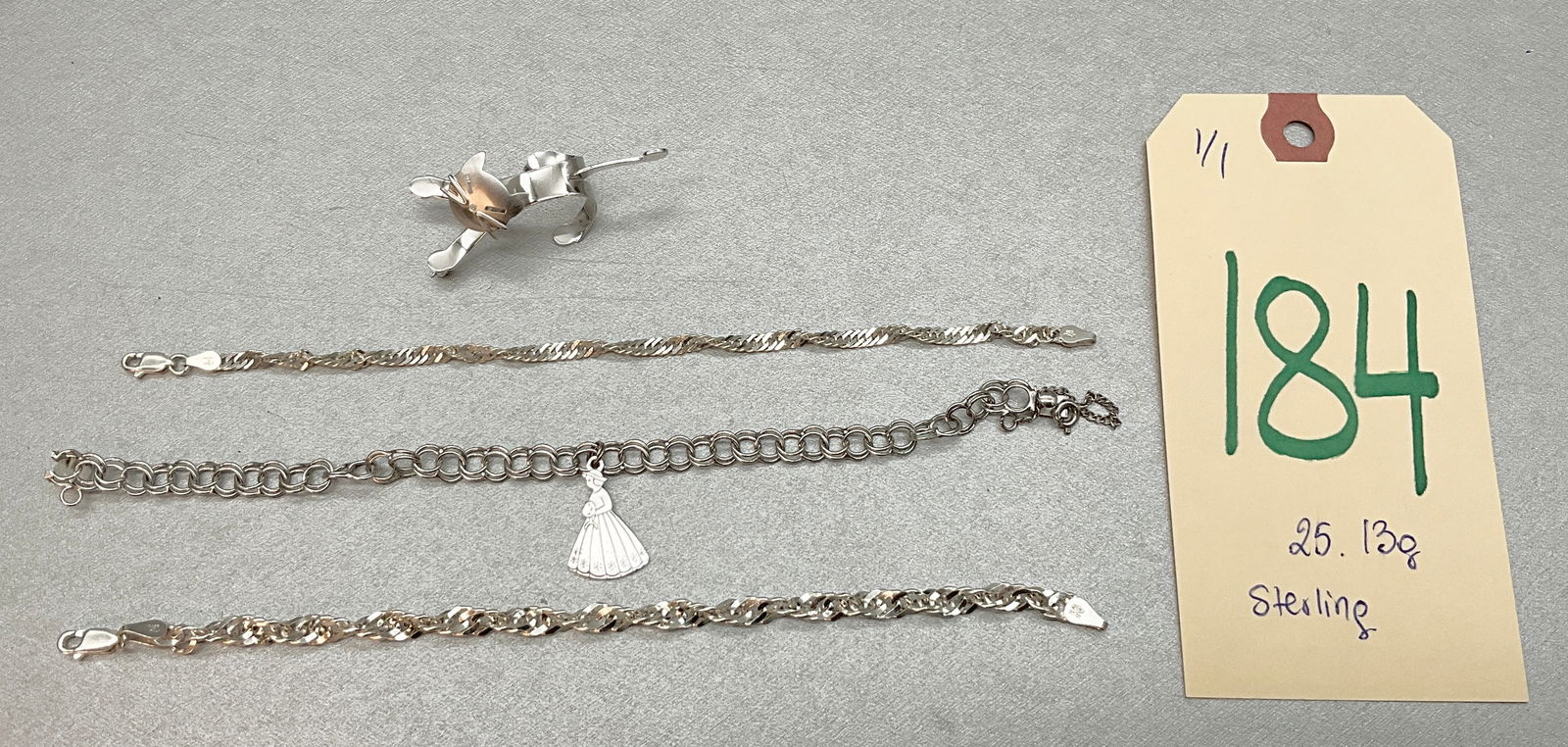4 PC STERLING MARKED BRACELETS AND CAT PIN. (1 of 4)