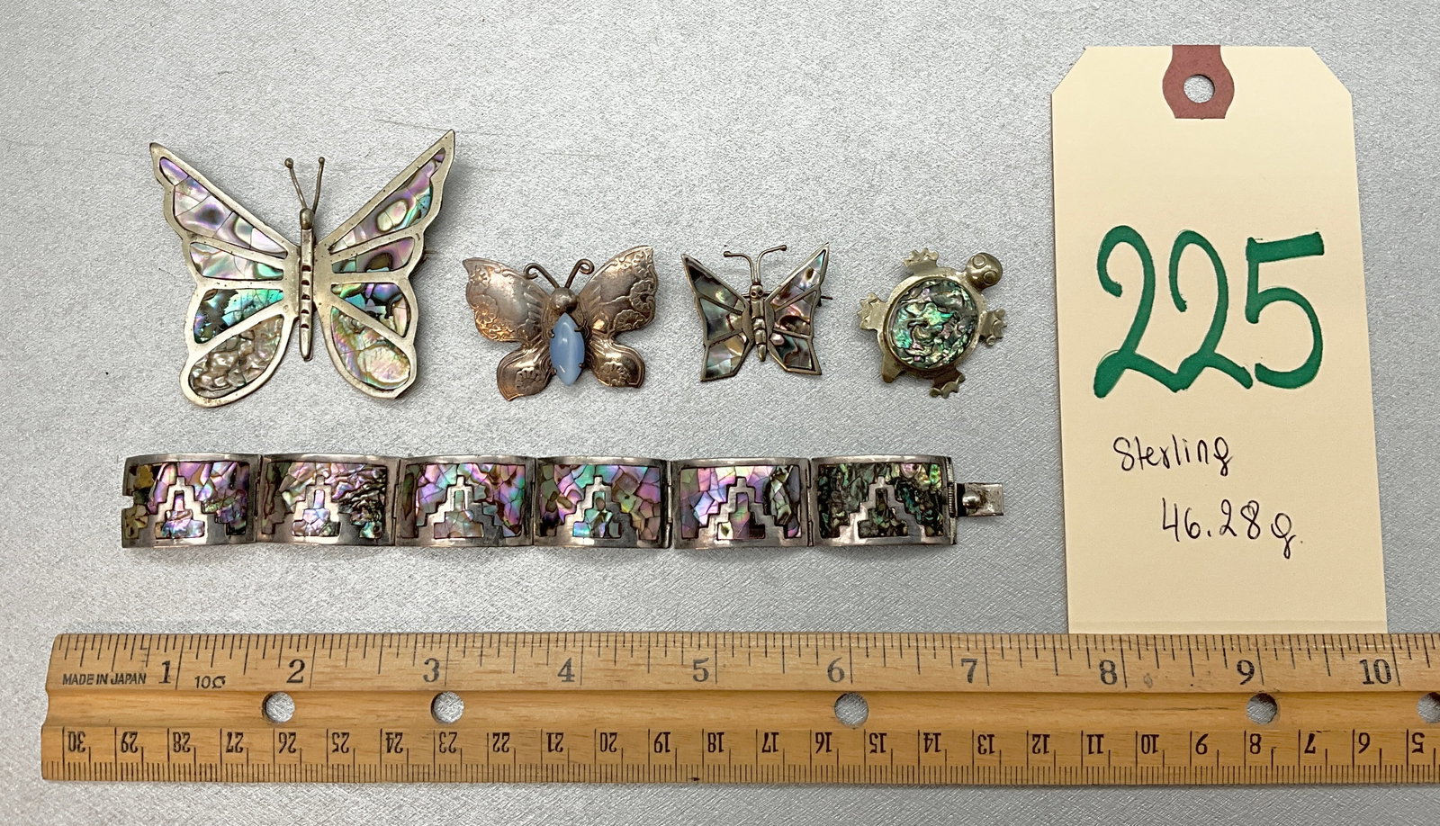 5 PC SOUTHWESTERN STERLING AND ABOLONE INLAID JEWELRY.: 5 PC SOUTHWESTERN STERLING AND ABOLONE INLAID JEWELRY. TOTAL WEIGHT 46.28 GRAMS. Condition All property is sold in "as is" condition and all sales are final. Teel Auctions and its consignor make no re